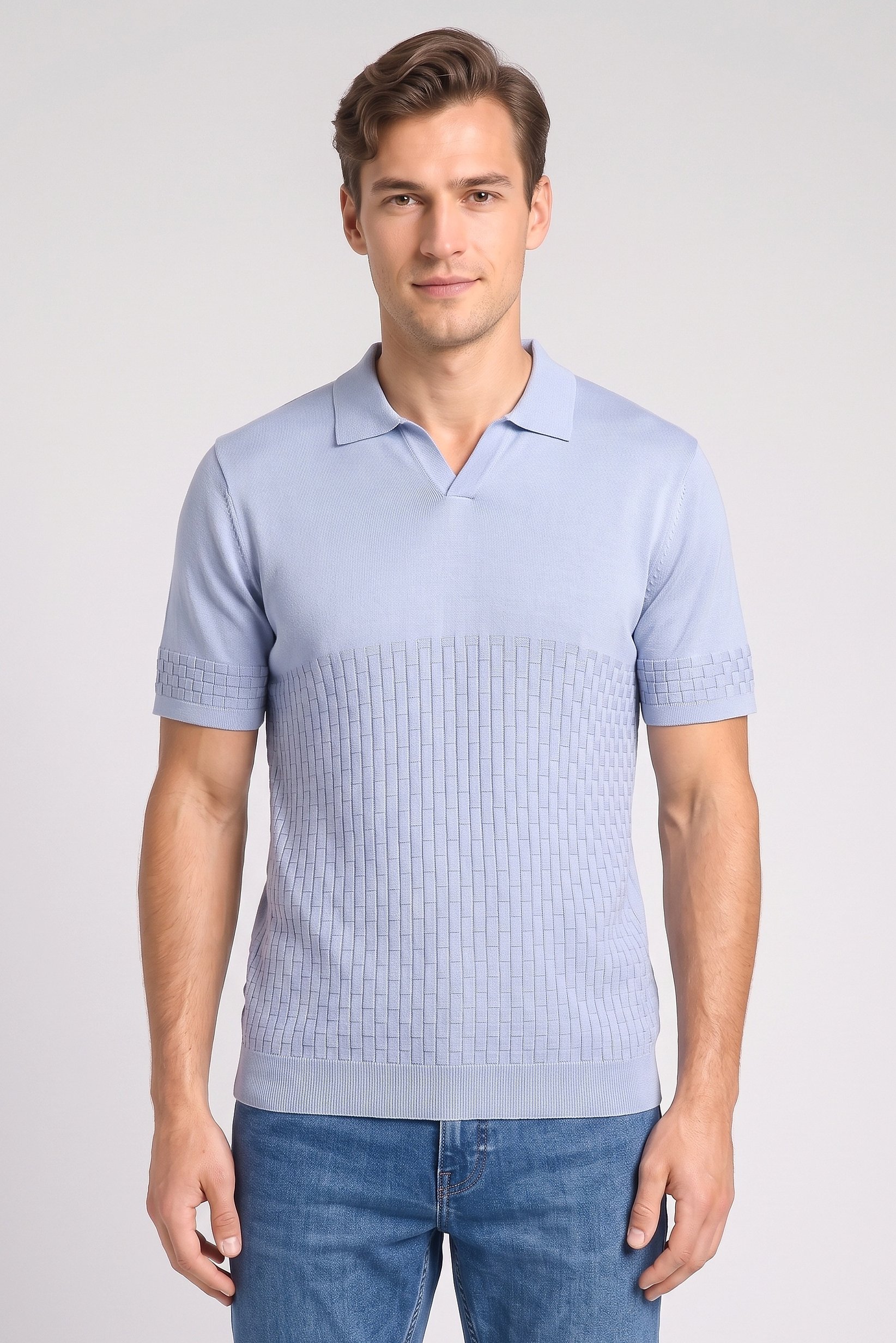 Men Regular Fit Textured Short Sleeve Polo Shirt, Light Blue