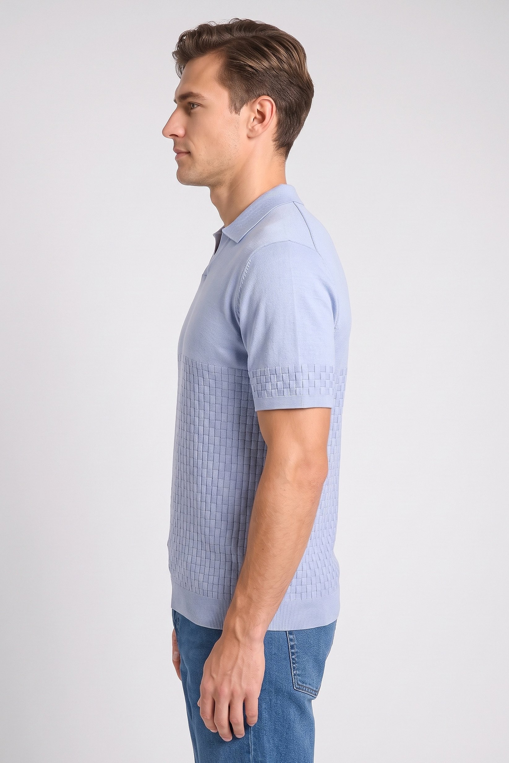 Men Regular Fit Textured Short Sleeve Polo Shirt, Light Blue