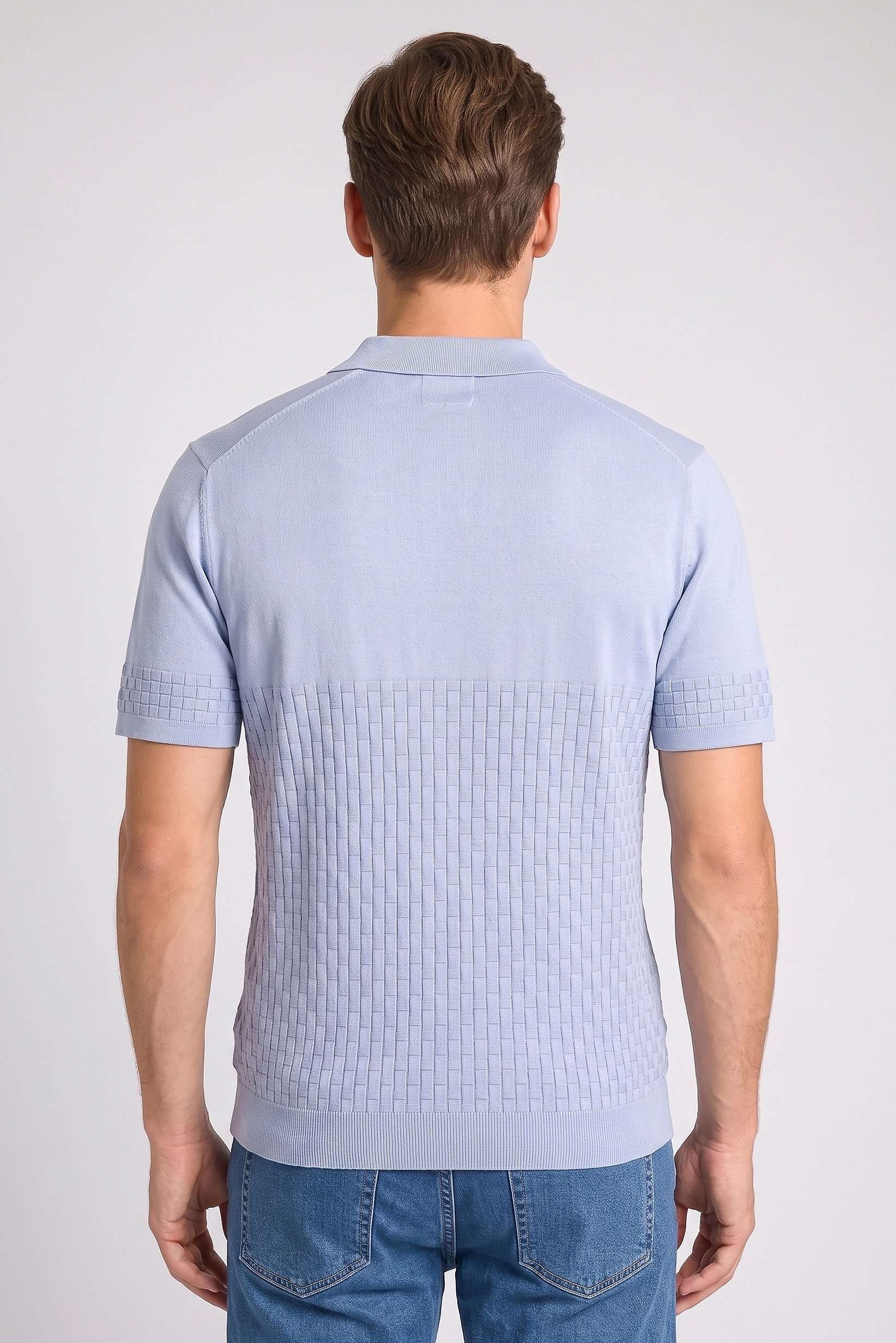 Men Regular Fit Textured Short Sleeve Polo Shirt, Light Blue