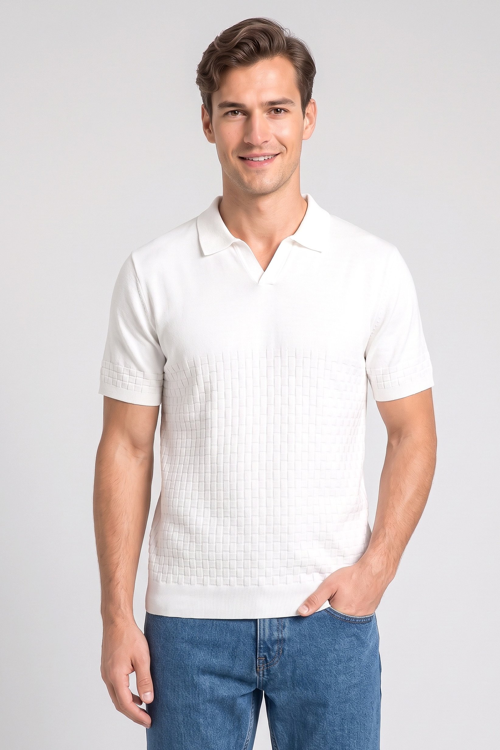 Men Regular Fit Textured Short Sleeve Polo Shirt, White