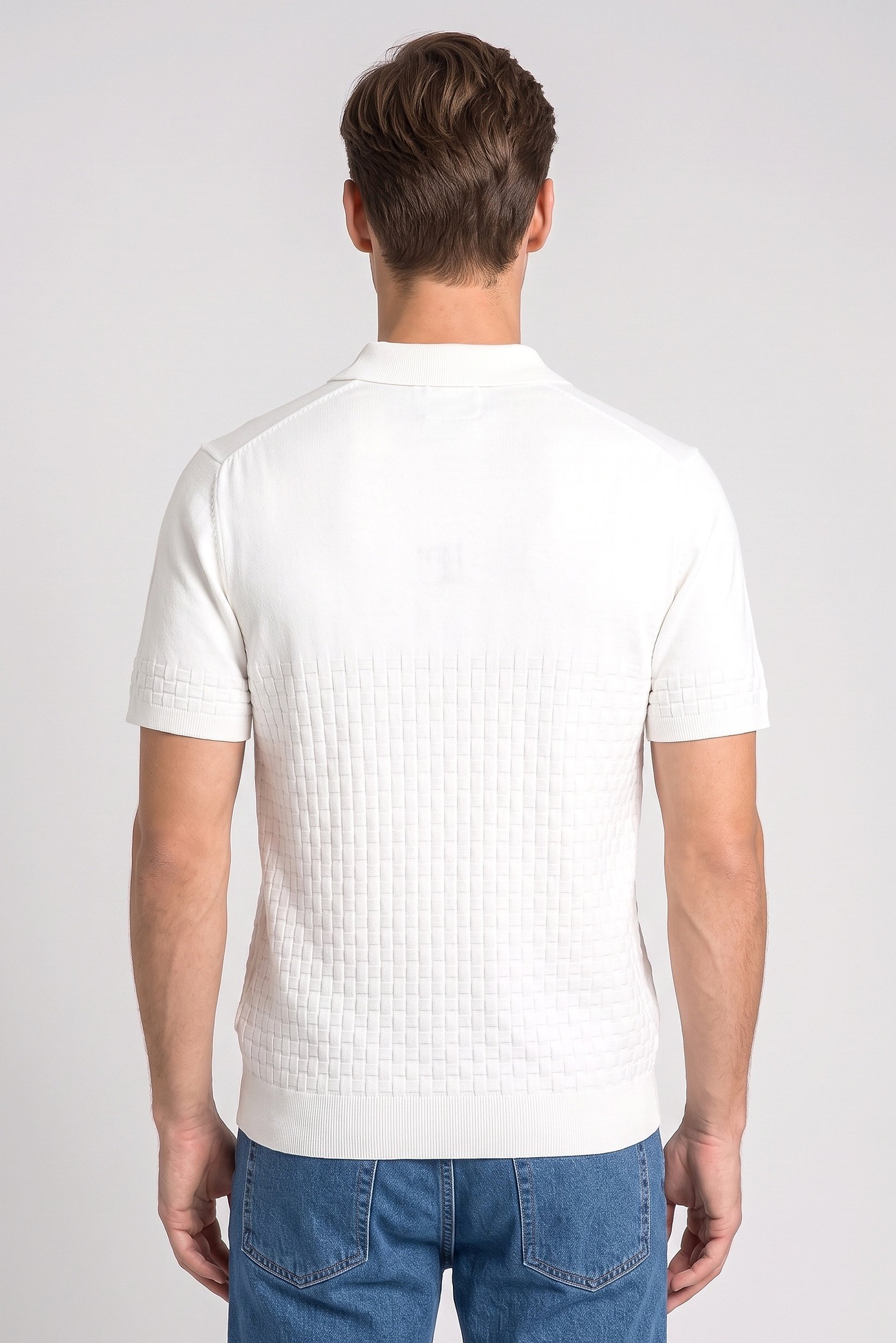 Men Regular Fit Textured Short Sleeve Polo Shirt, White