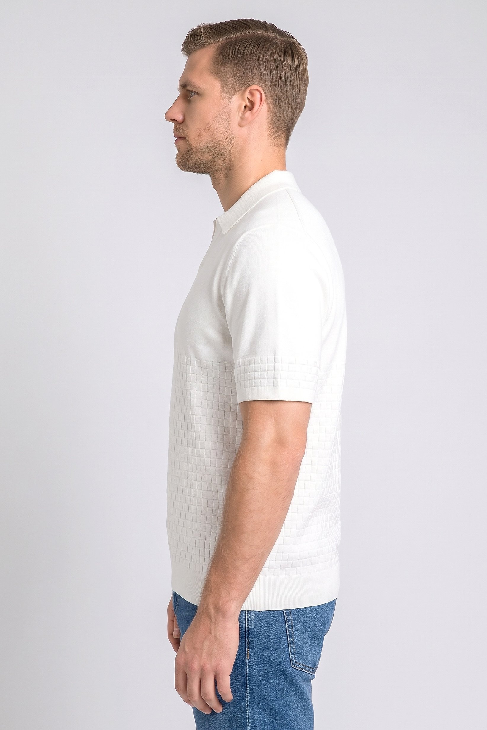 Men Regular Fit Textured Short Sleeve Polo Shirt, White