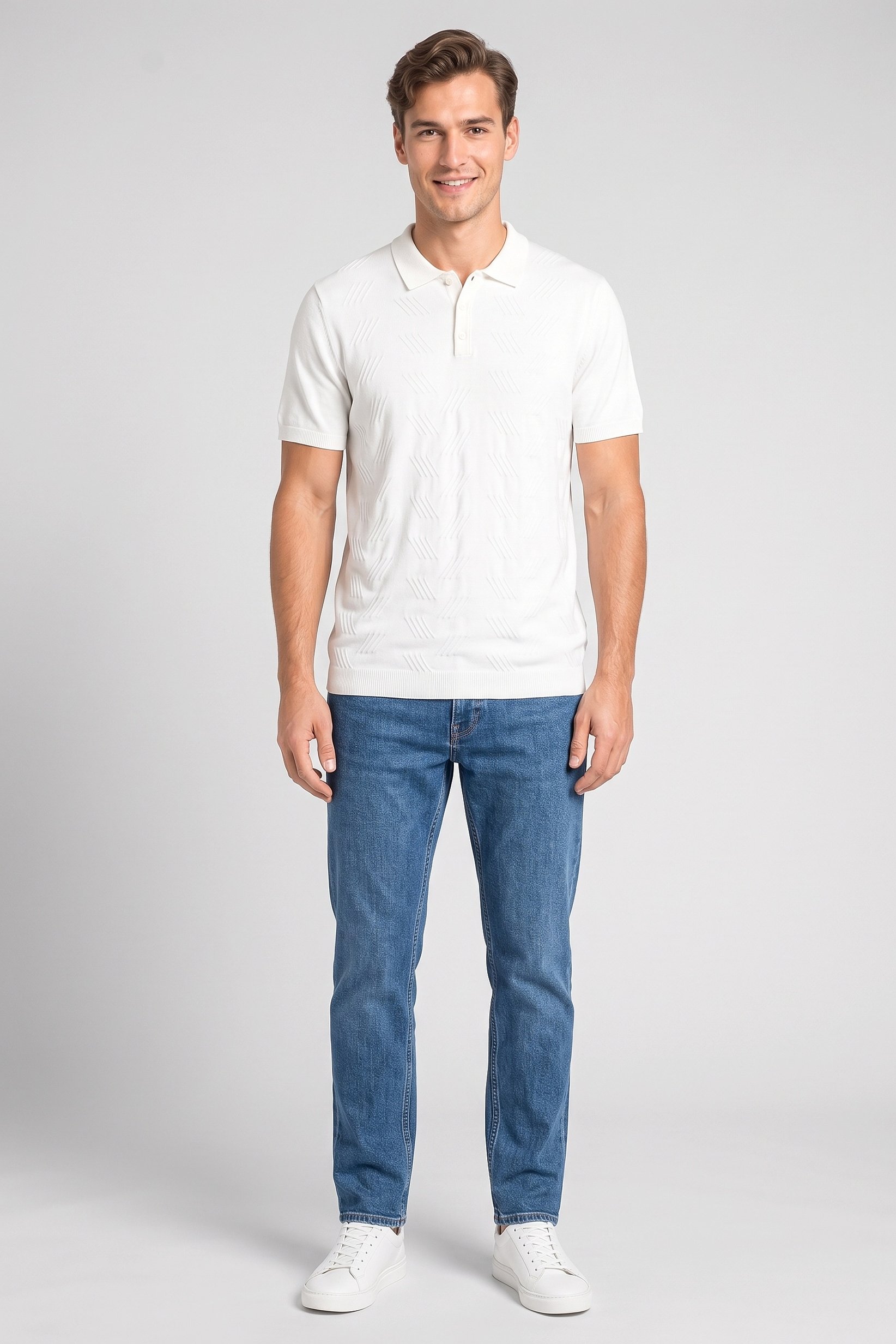 Men Regular Fit Short Sleeve Textured Polo, White