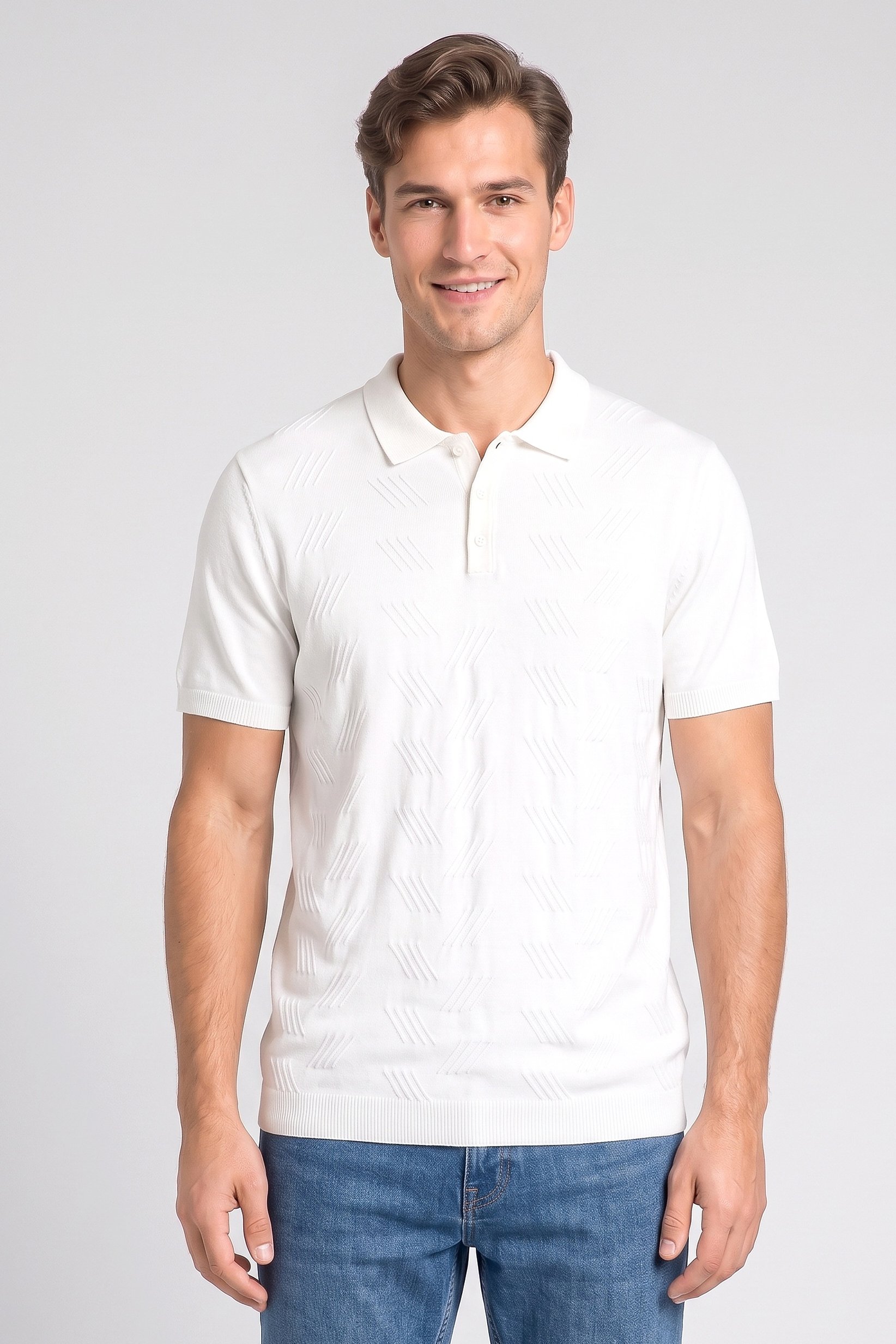 Men Regular Fit Short Sleeve Textured Polo, White