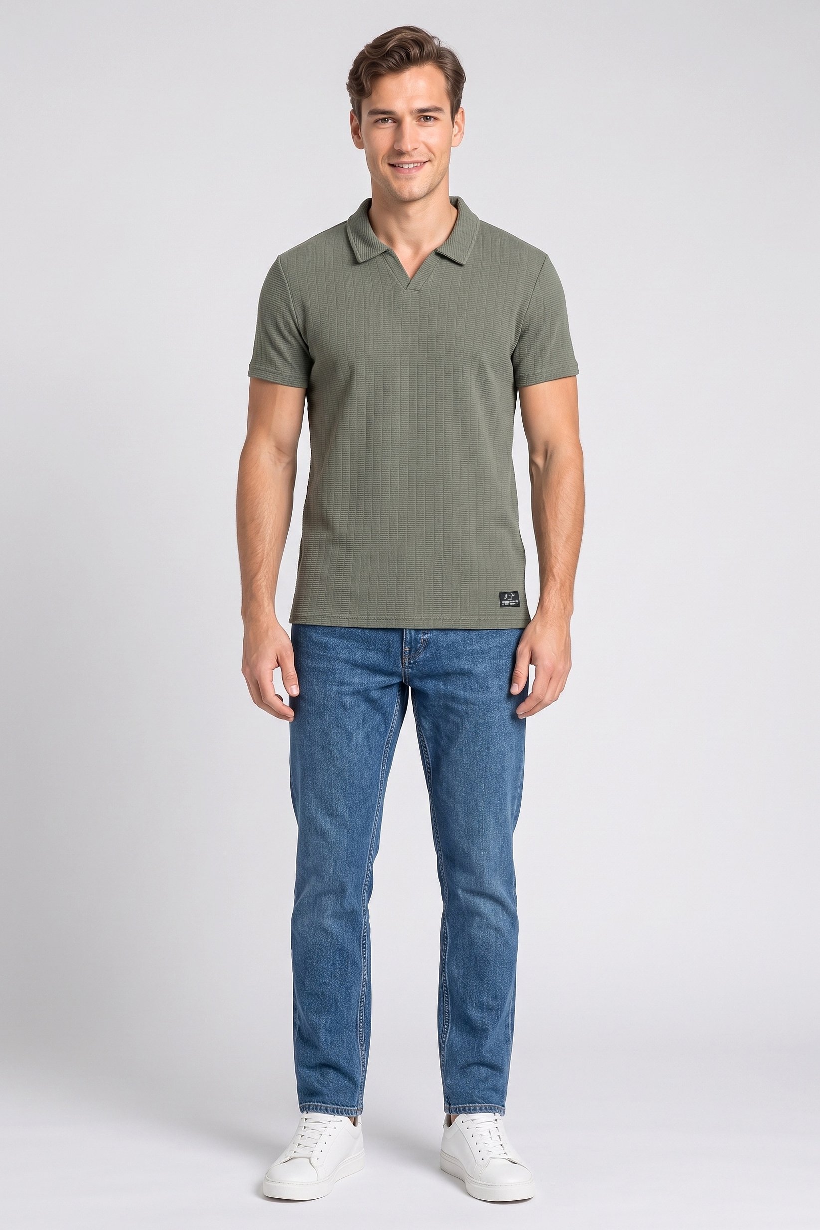 Men Regular Fit Short Sleeve Textured Polo Shirt, Olive