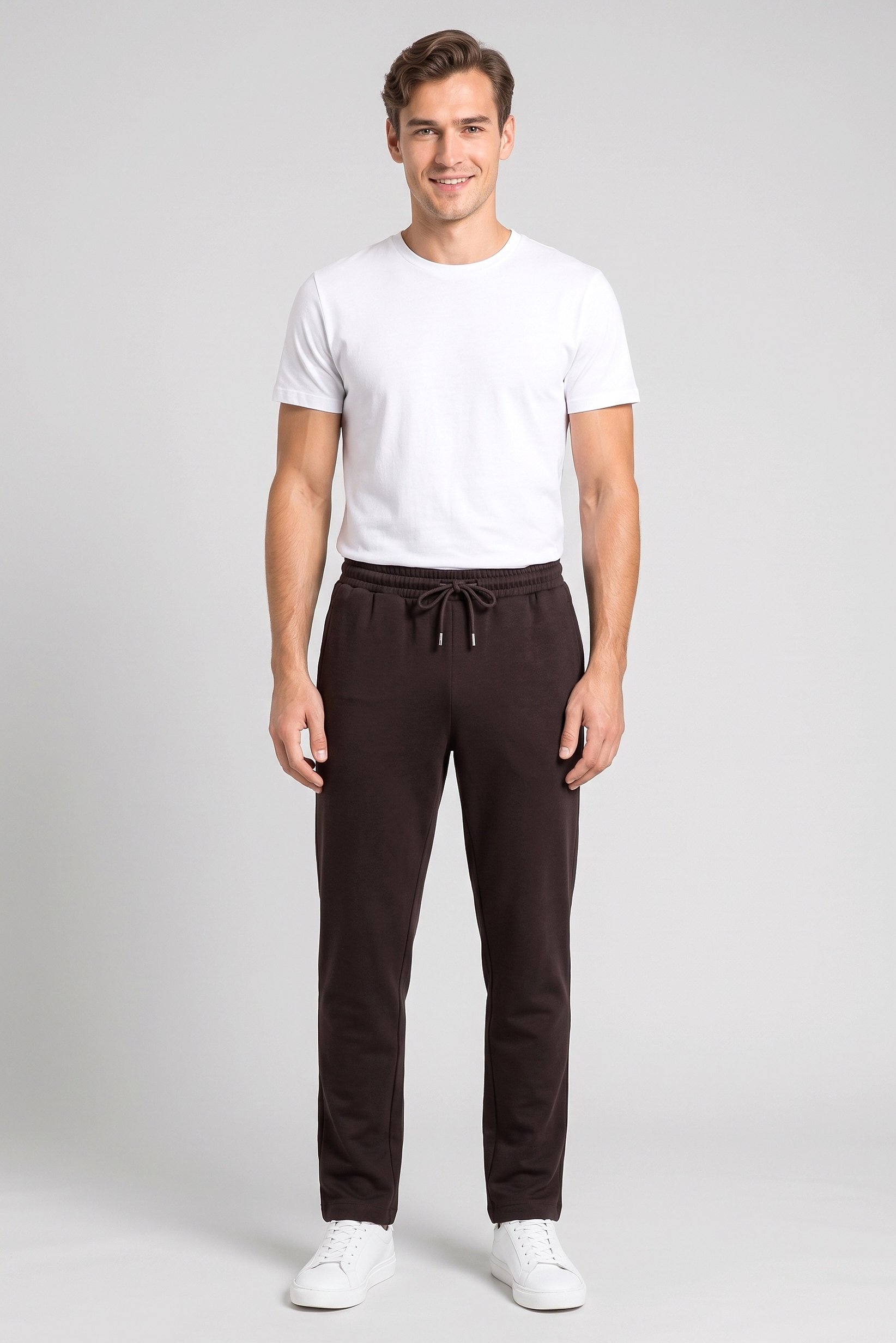 Men Regular Fit Drawstring Plain Straight Leg Pants, Chocolate Brown