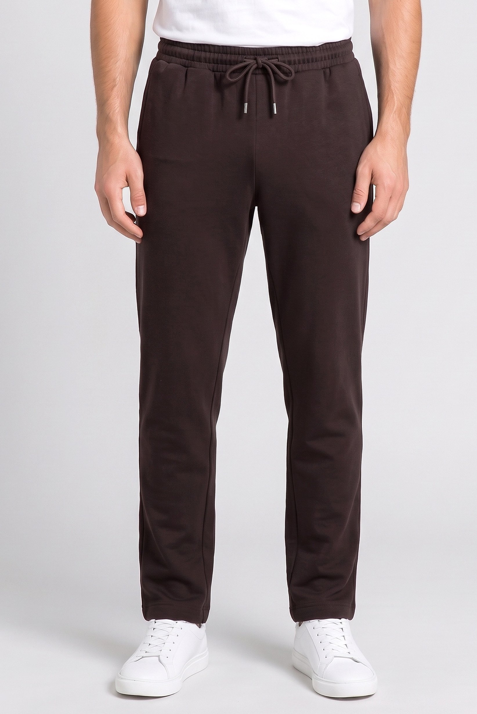 Men Regular Fit Drawstring Plain Straight Leg Pants, Chocolate Brown