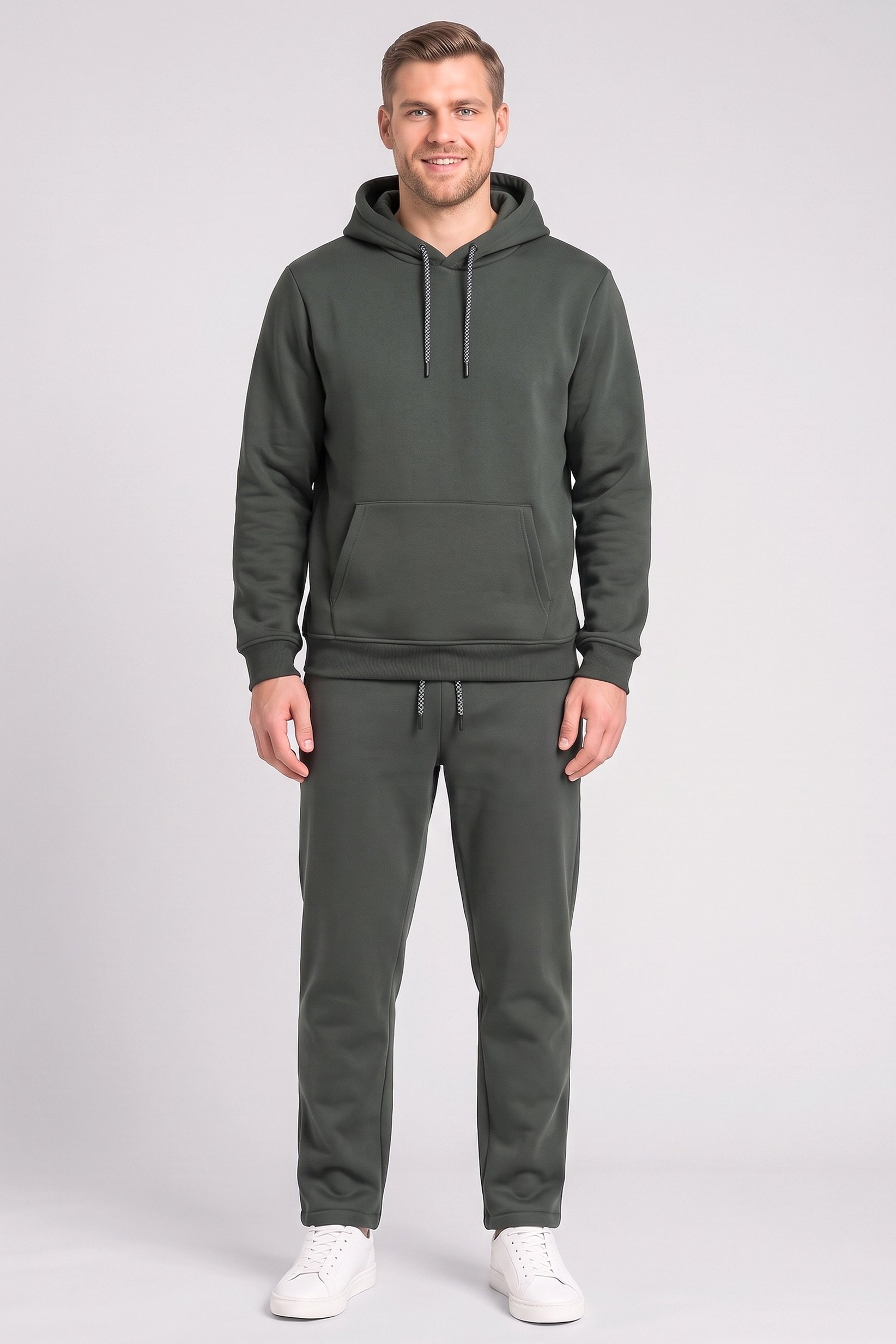 Men 2 Pieces Long Sleeve Plain Hoodies And Sweatpants Set, Forest Green