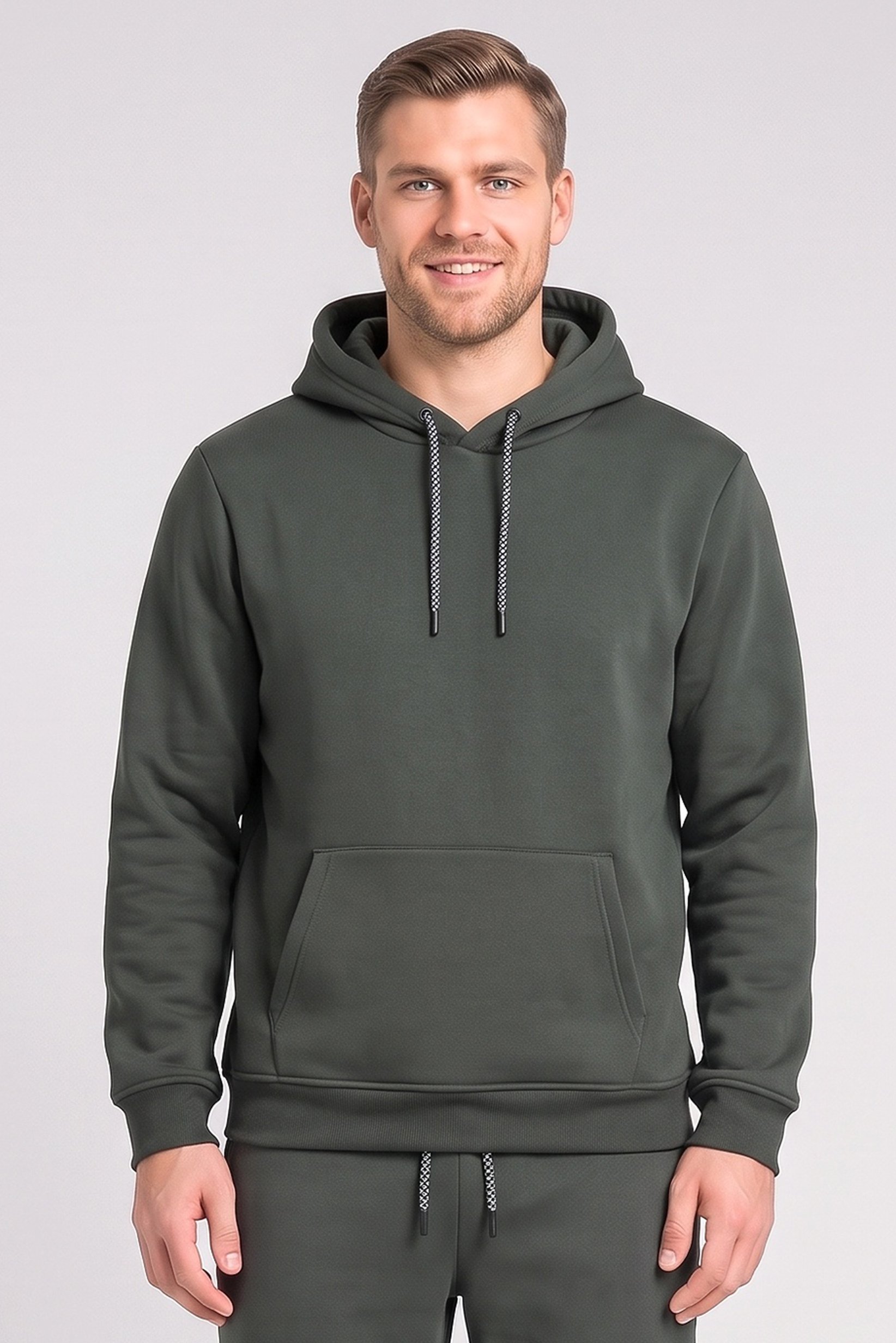 Men 2 Pieces Long Sleeve Plain Hoodies And Sweatpants Set, Forest Green