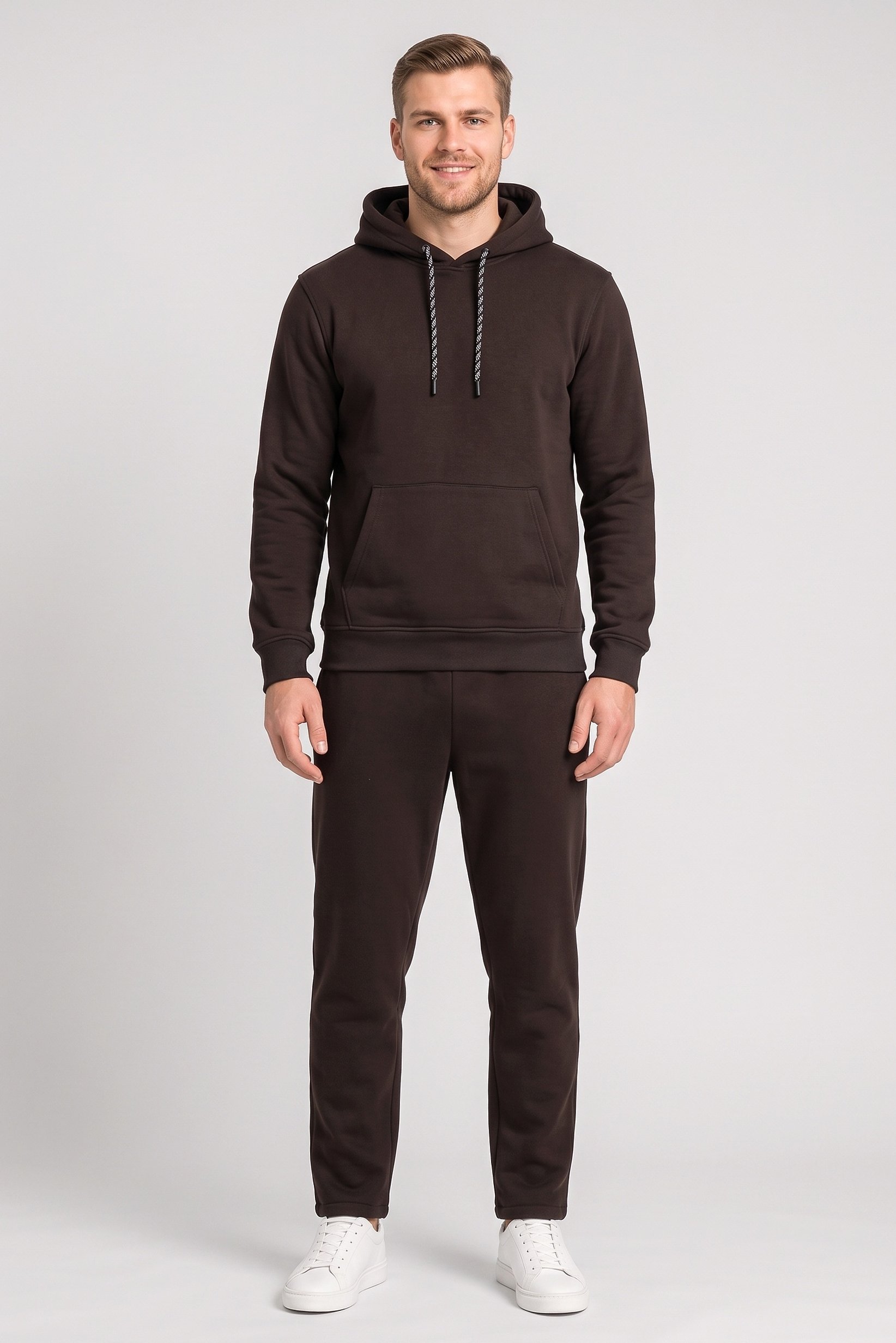 Men 2 Pcs Plain Hoodie And Sweatpant Set, Brown