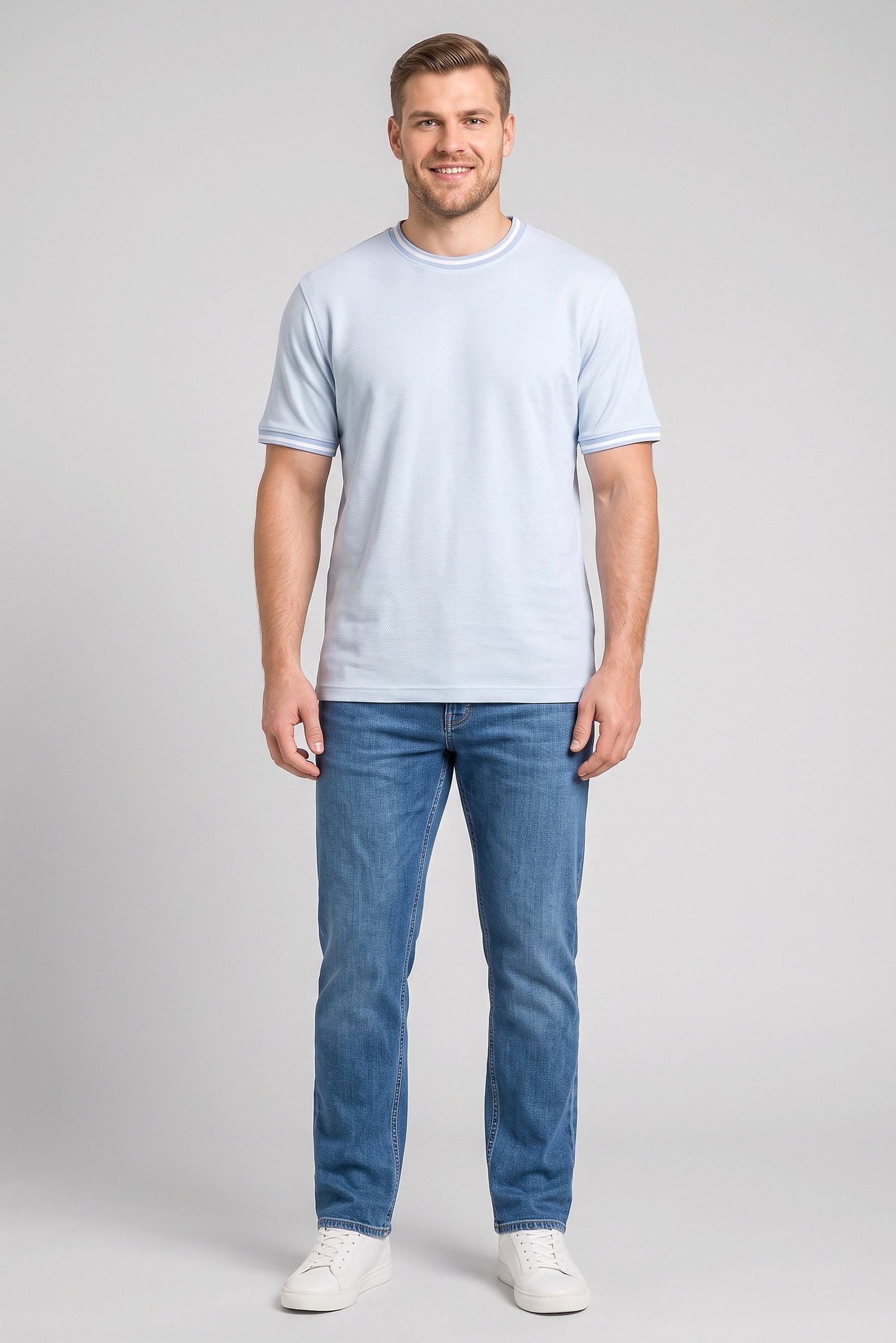 Men Crew Neck Short Sleeve Houndstooth T-Shirt, Light Blue