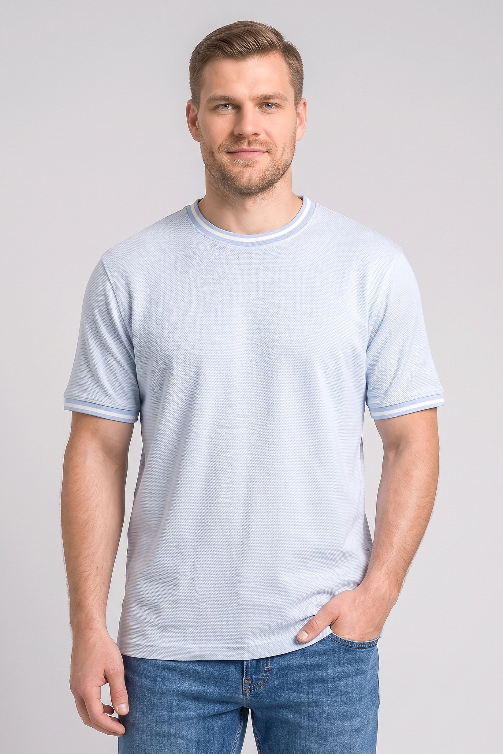 Men Crew Neck Short Sleeve Houndstooth T-Shirt, Light Blue