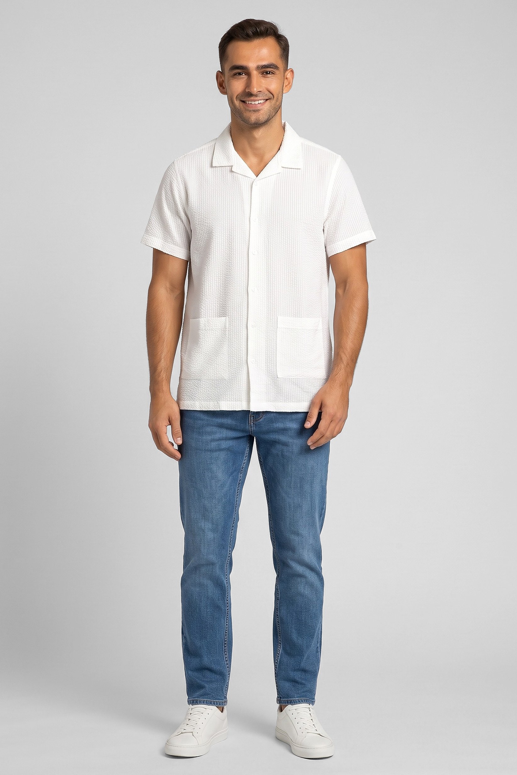 Men Regular Fit Short Sleeve Textured Casual Shirt, White