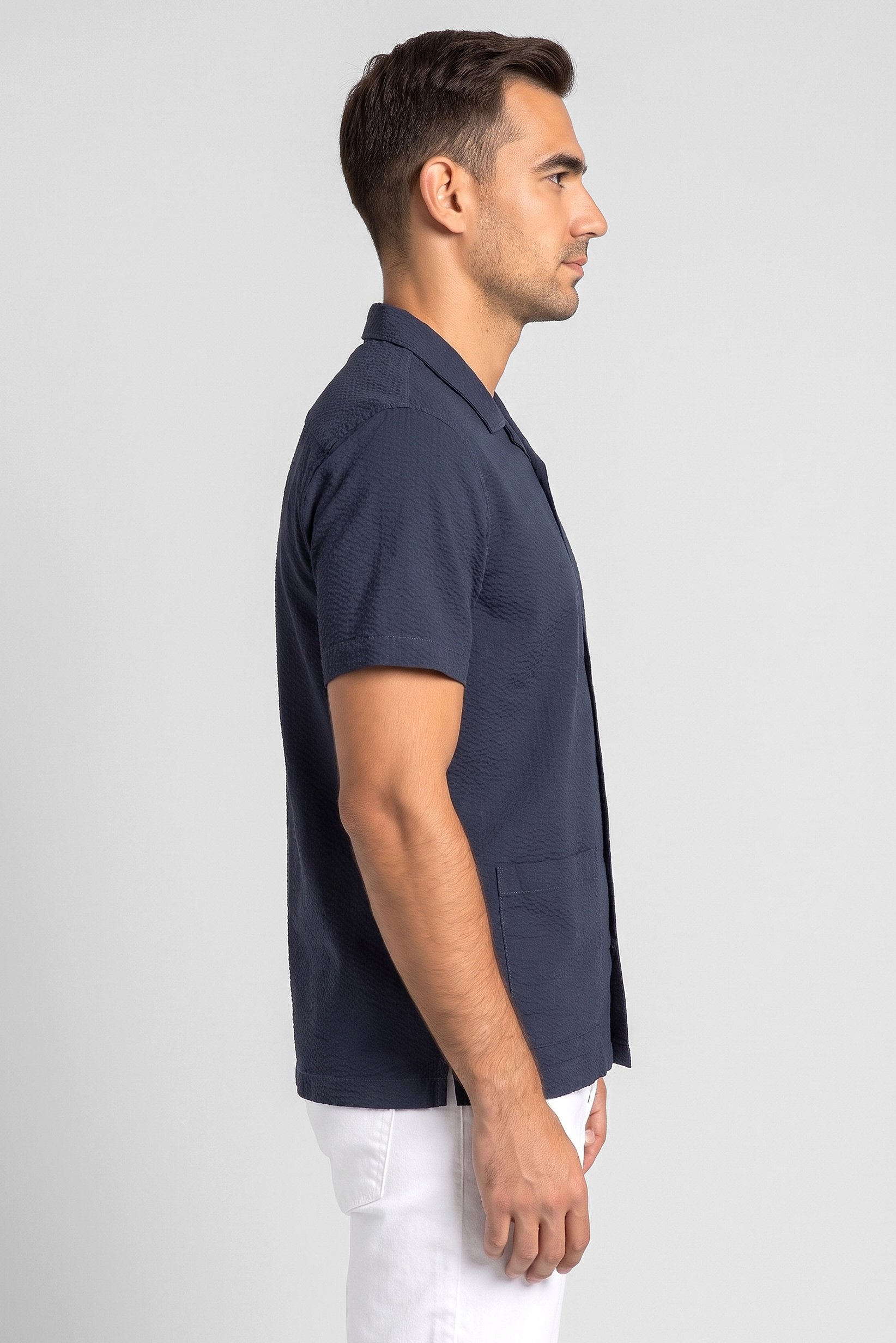 Men Regular Fit Short Sleeve Textured Casual Shirt, Navy