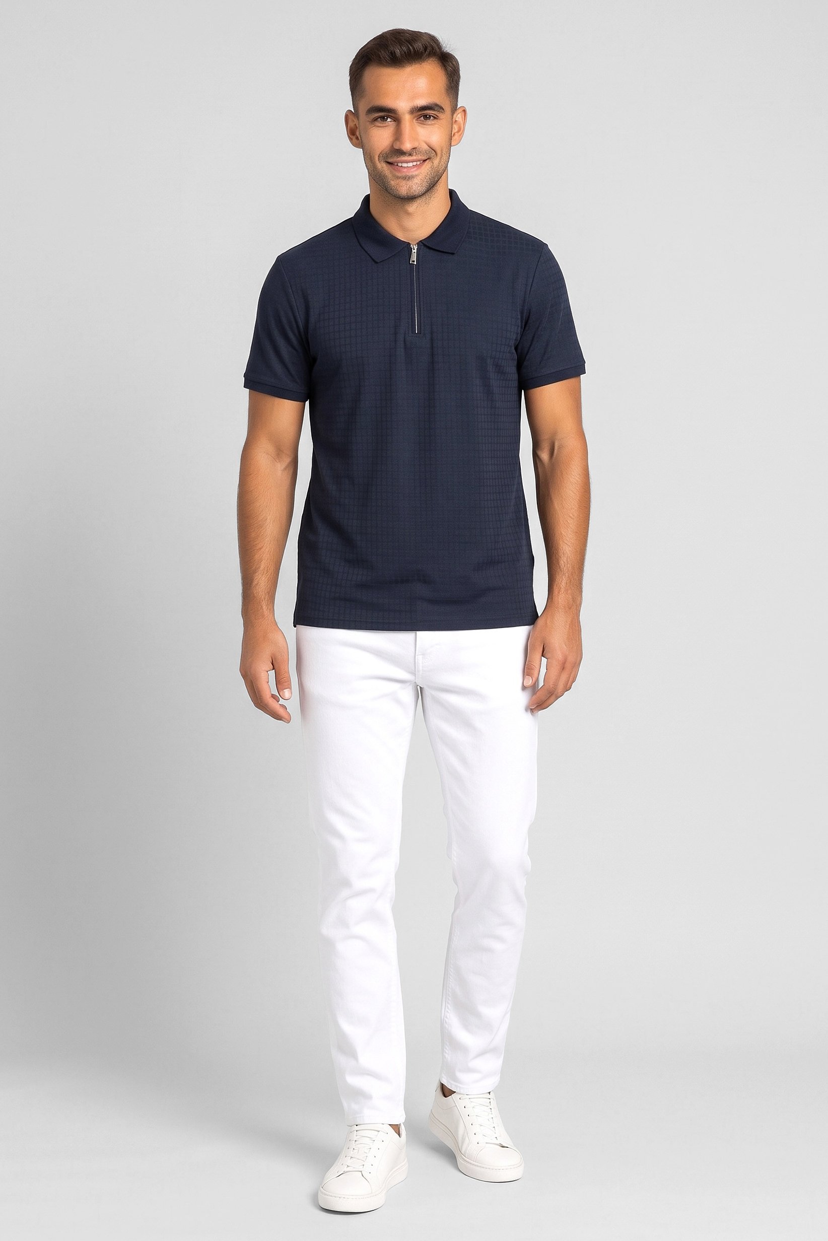 Men Regular Fit Checkered Short Sleeve Polo Shirt, Navy