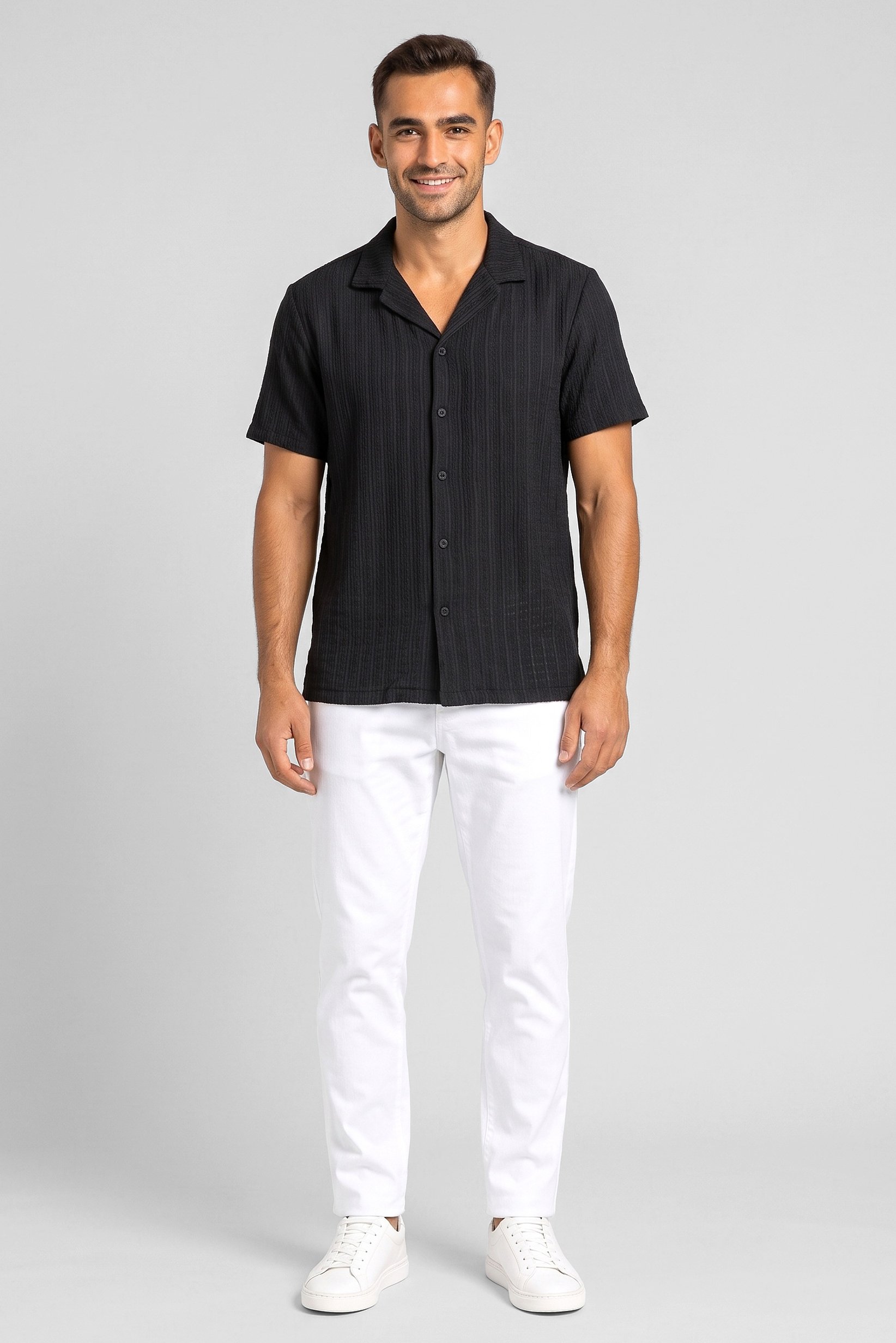 Men Regular Fit Short Sleeve Textured Casual Shirt, Black