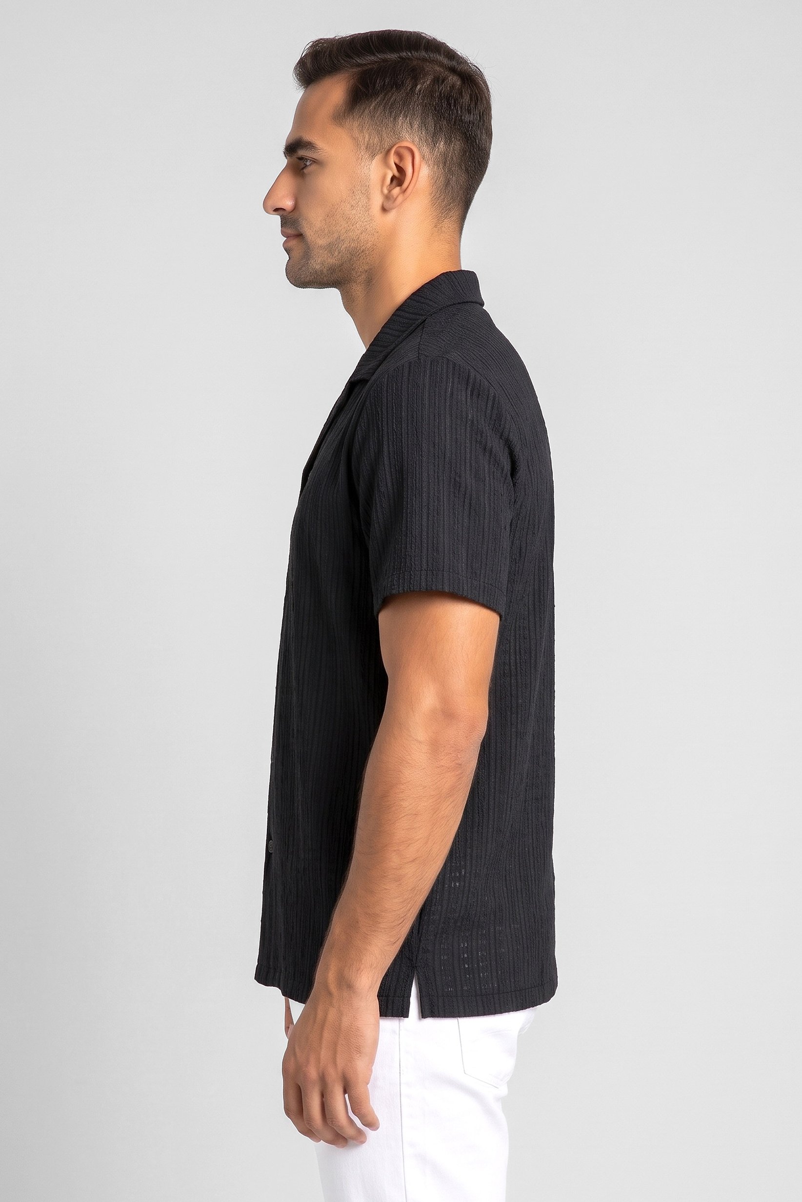 Men Regular Fit Short Sleeve Textured Casual Shirt, Black