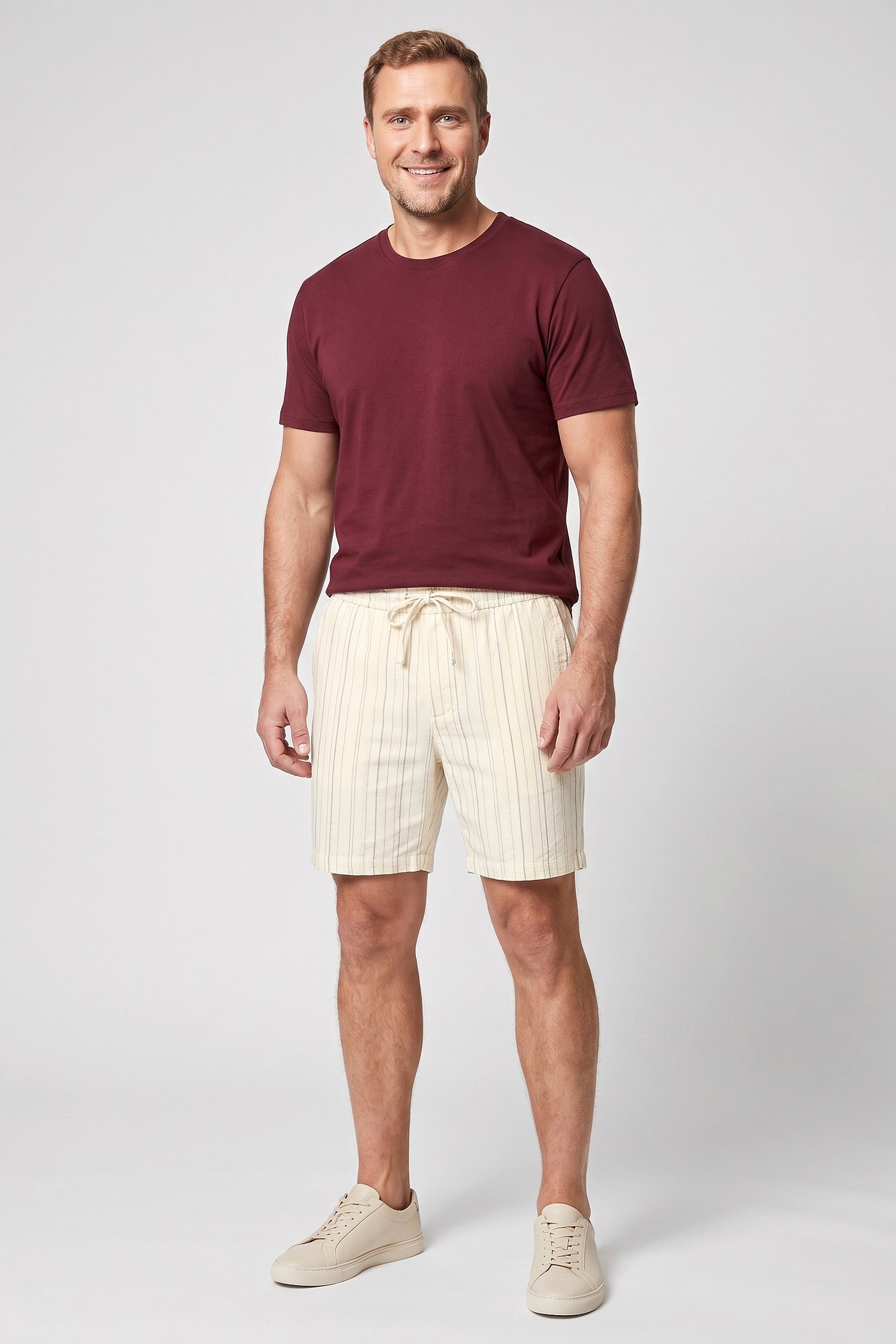 Men Stripe Basic Shorts, Cream