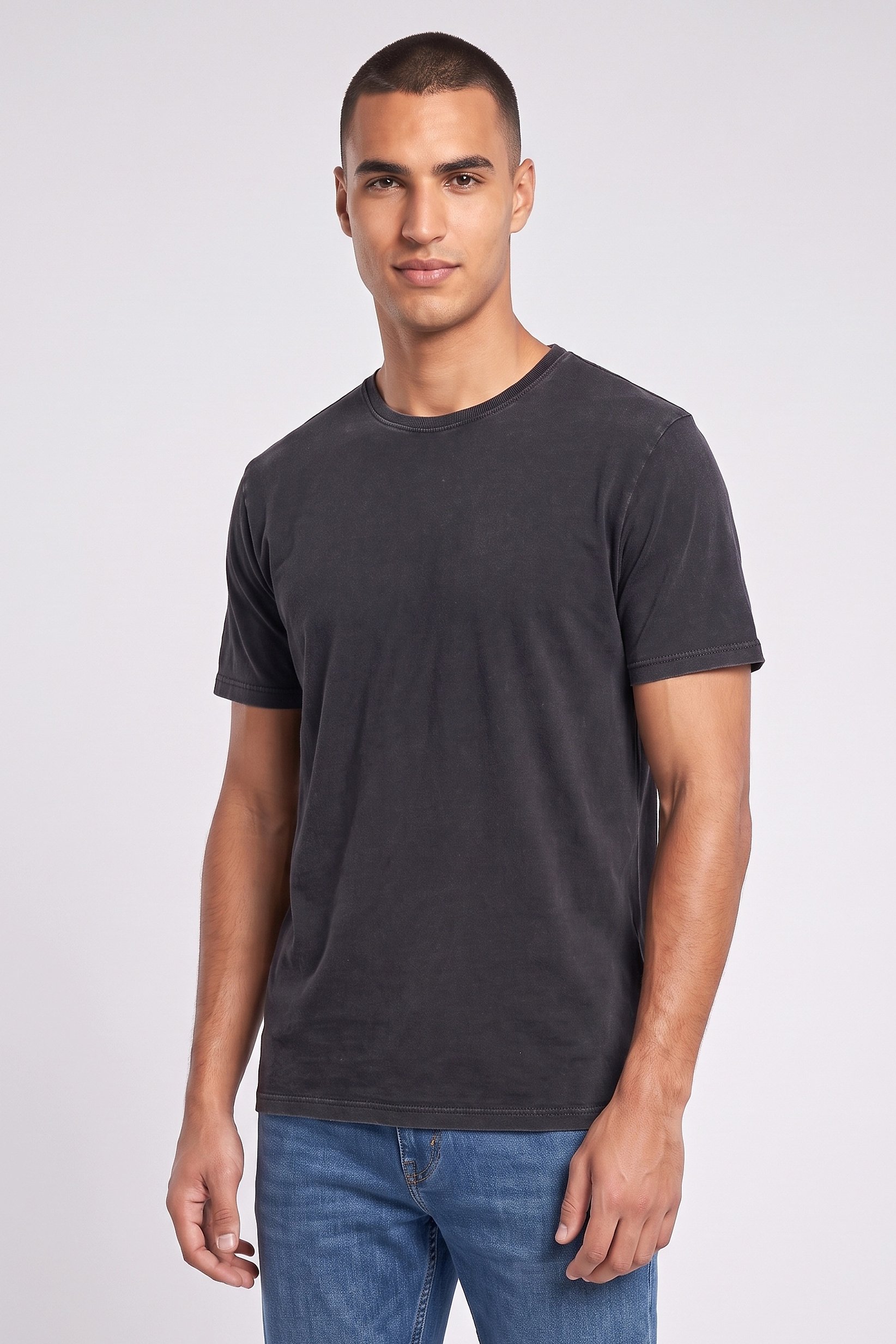Men Crew Neck Short Sleeve Washed T-Shirt, Black