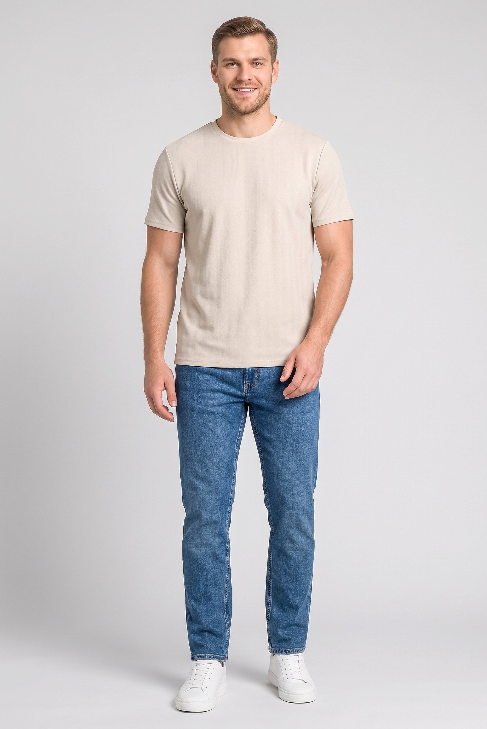 Men Crew Neck Short Sleeve Textured T-Shirt, Beige