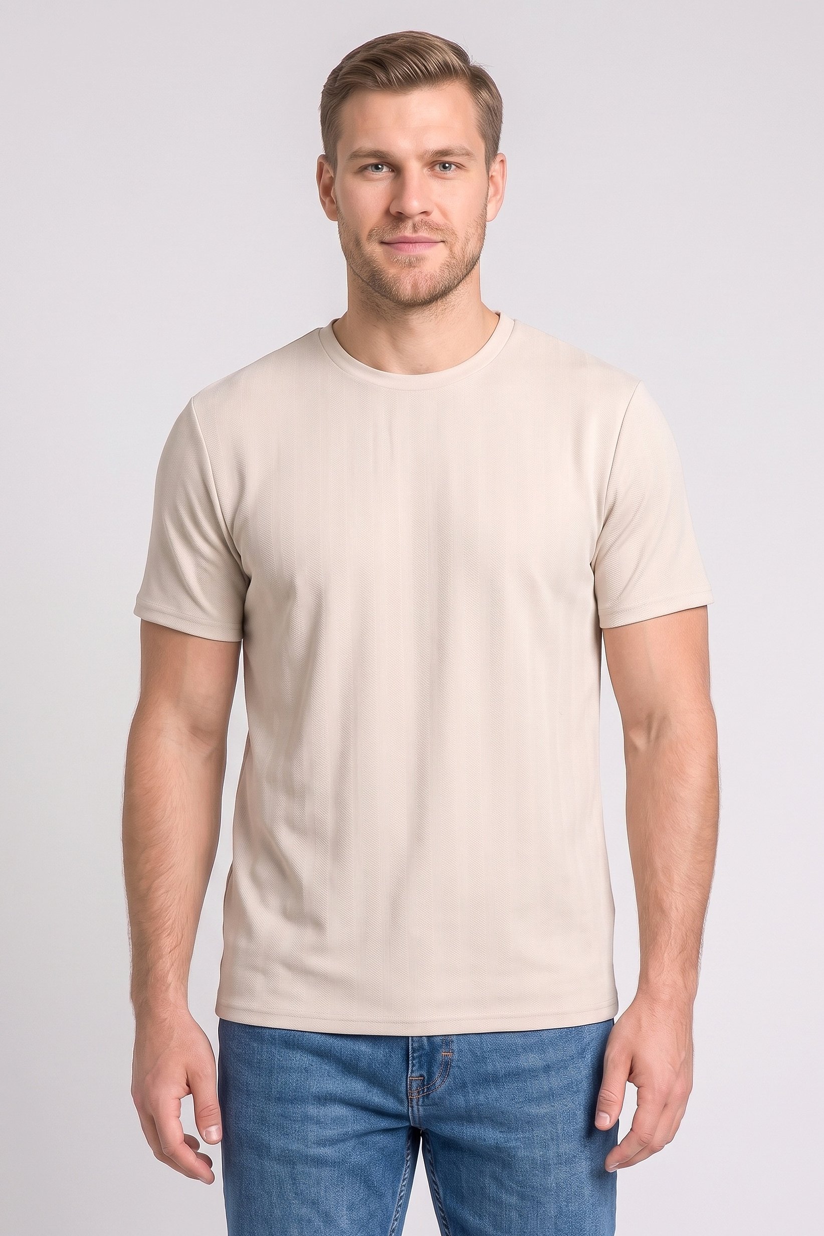 Men Crew Neck Short Sleeve Textured T-Shirt, Beige