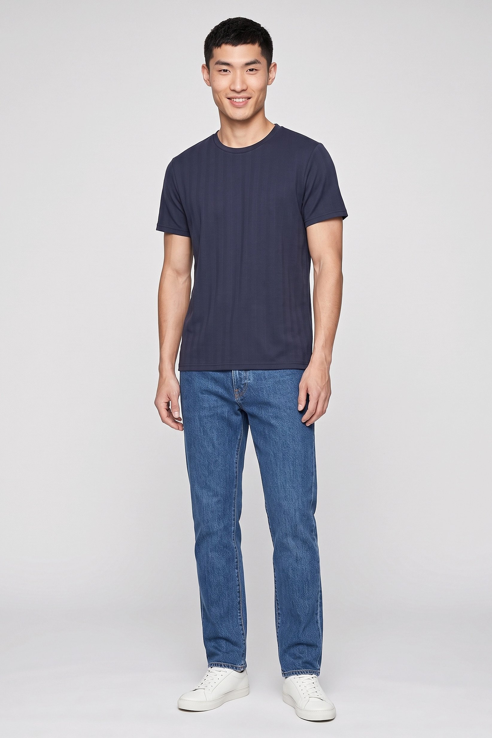 Men Crew Neck Short Sleeve Textured T-Shirt, Dark Navy