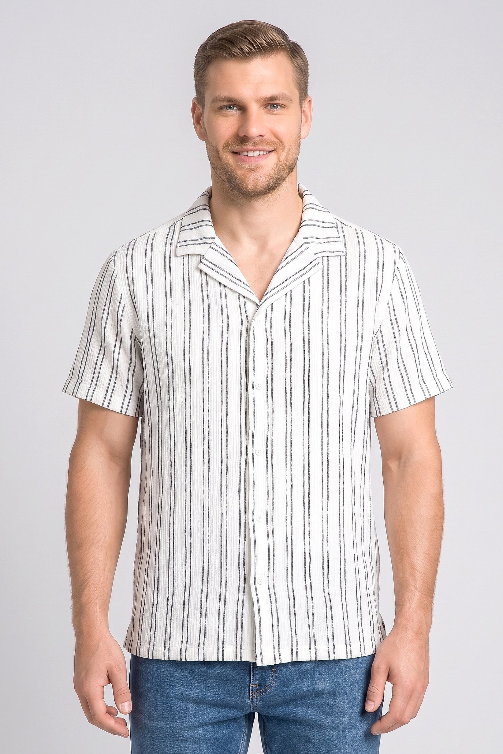 Men Regular Fit Short Sleeve Stripe Casual Shirt, Multicolor