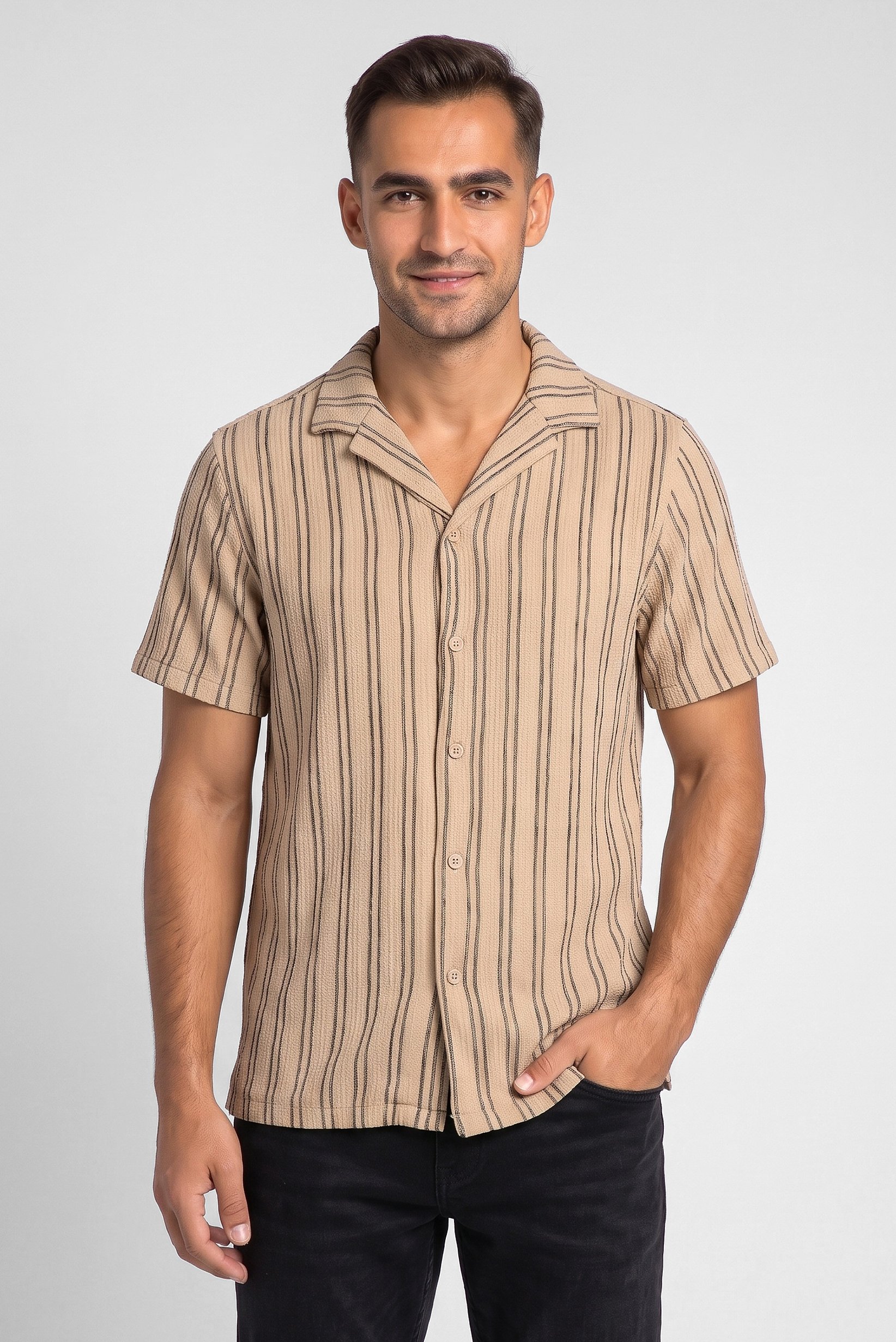 Men Regular Fit Short Sleeve Stripe Casual Shirt, Multicolor