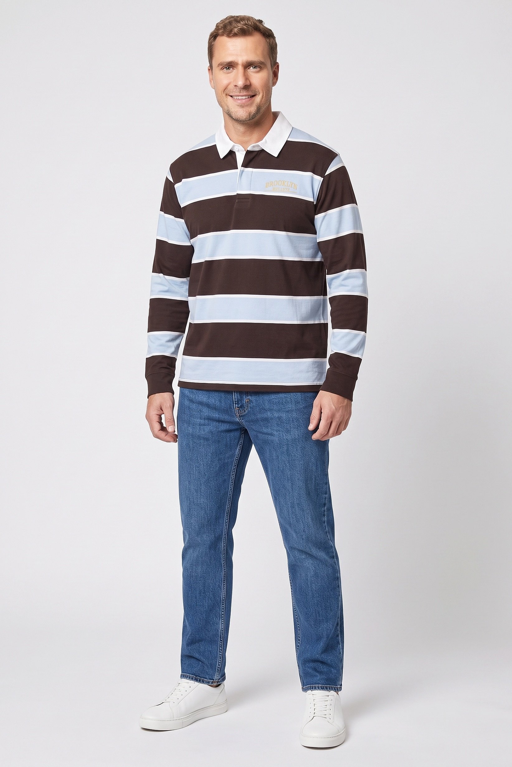 Men Regular Fit Long Sleeve Stripe Polo Shirt, Multicolor