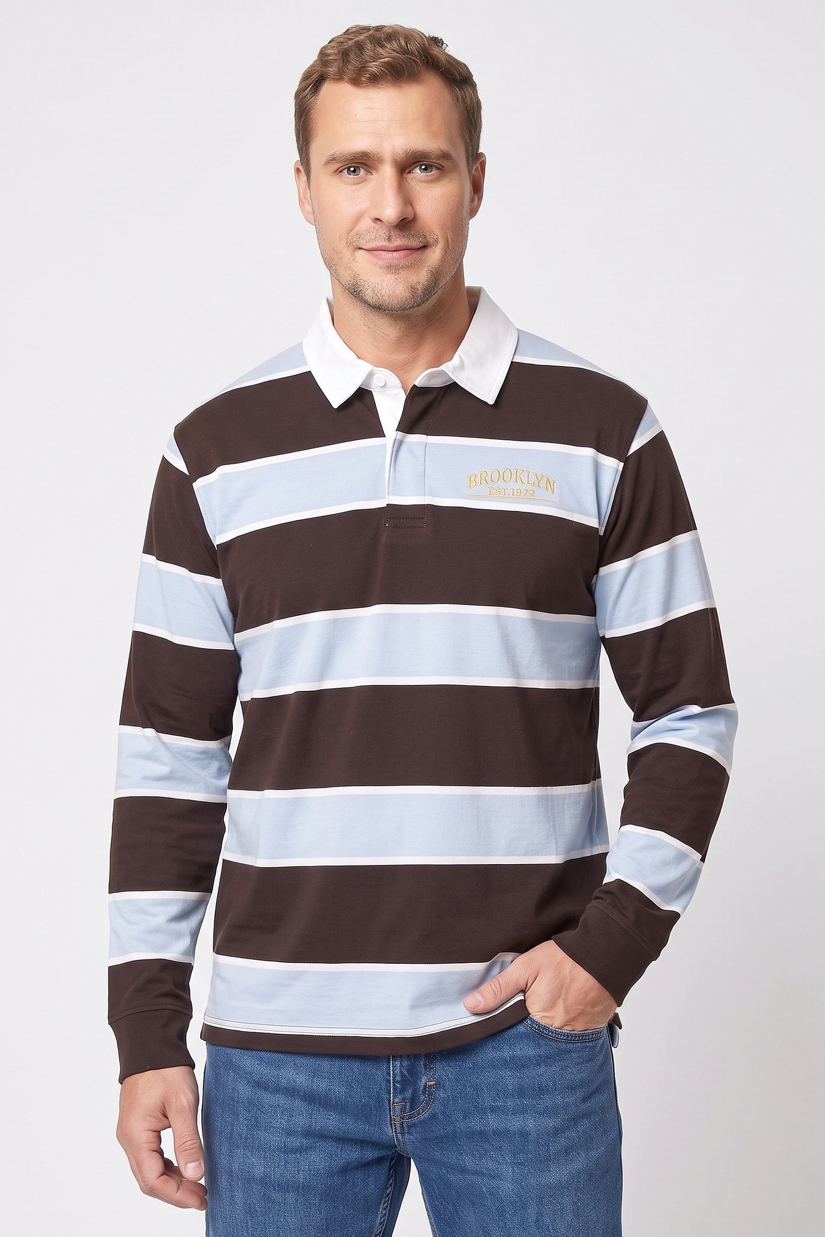 Men Regular Fit Long Sleeve Stripe Polo Shirt, Multicolor