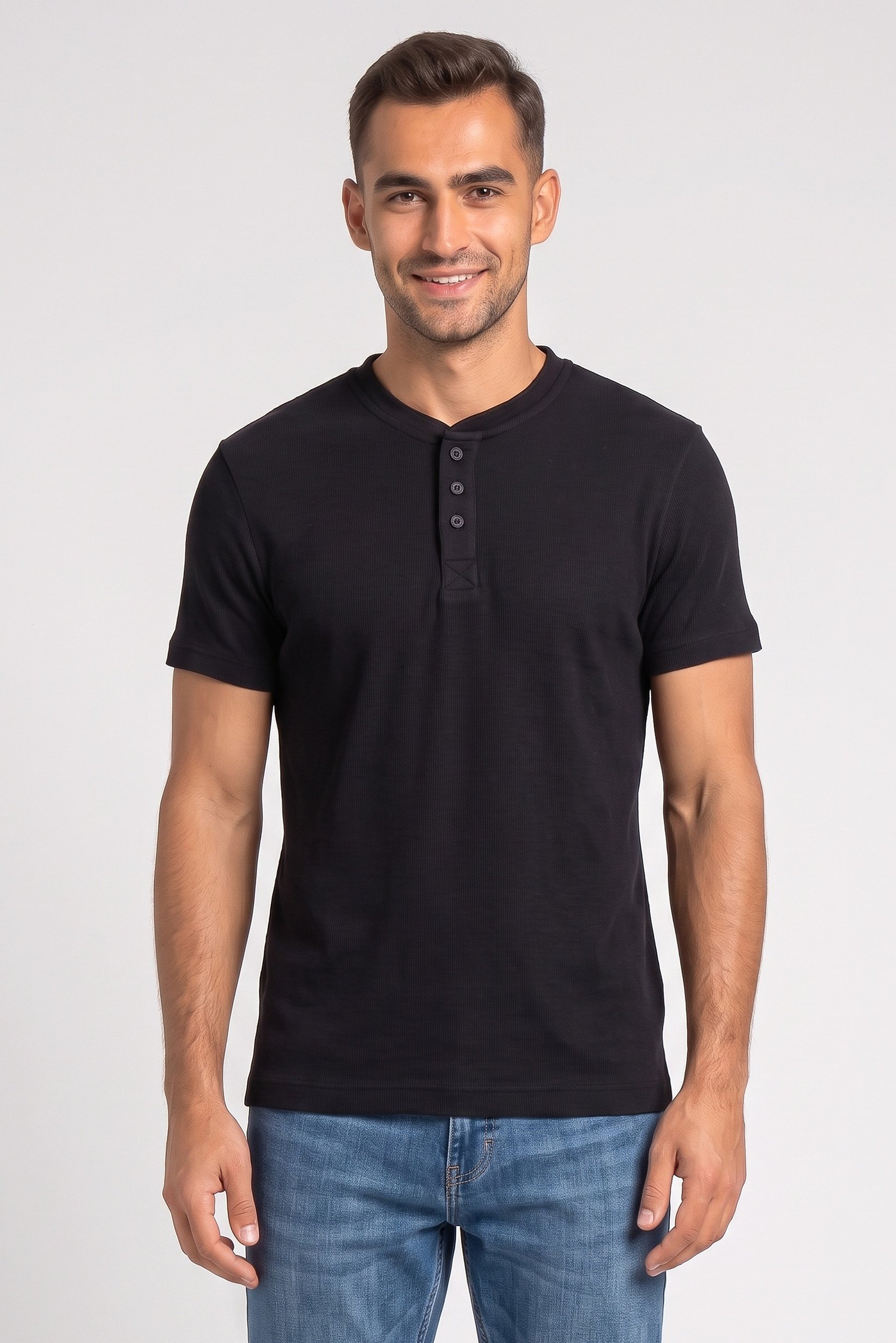 Men Henley Neck Short Sleeve Heather T-Shirt, Black