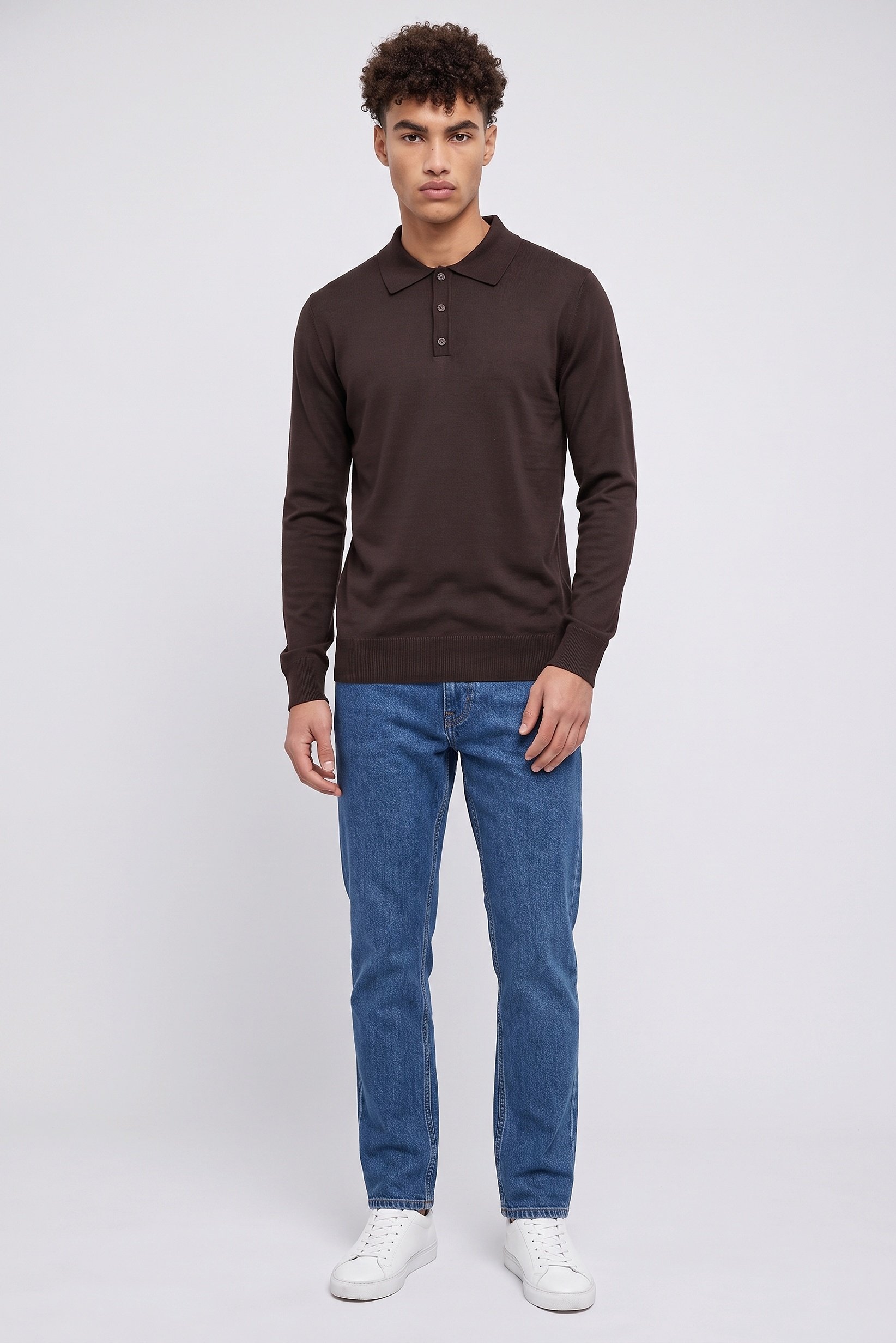Men Spread Collar Knitted Long Sleeve Sweatshirt, Chocolate Brown