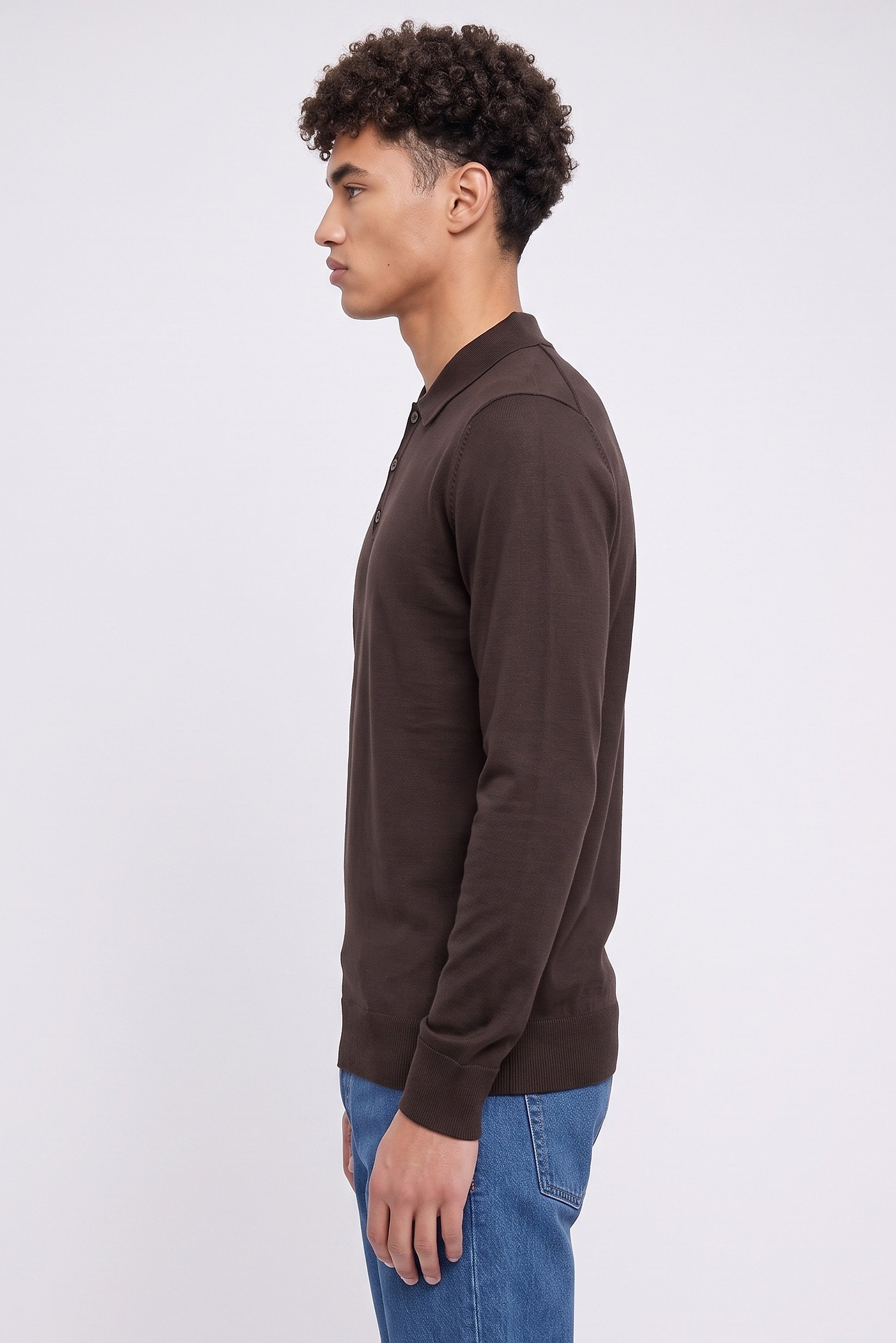 Men Spread Collar Knitted Long Sleeve Sweatshirt, Chocolate Brown