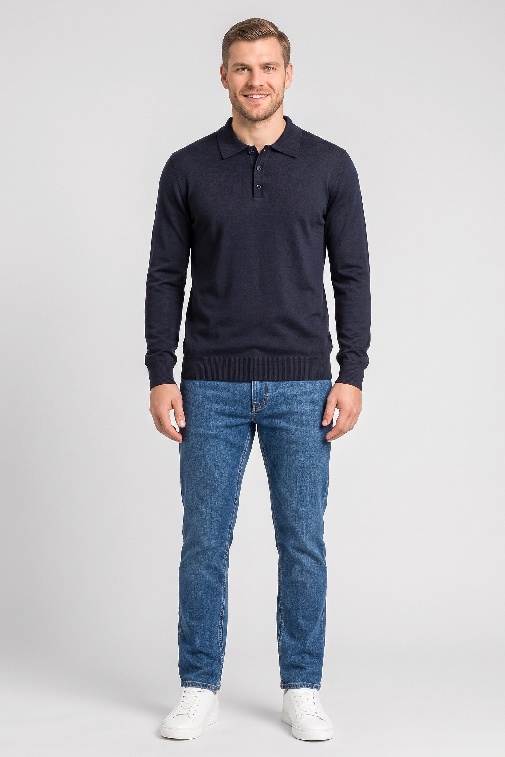 Men Spread Collar Long Sleeve Knitted Polo Shirt, Navy