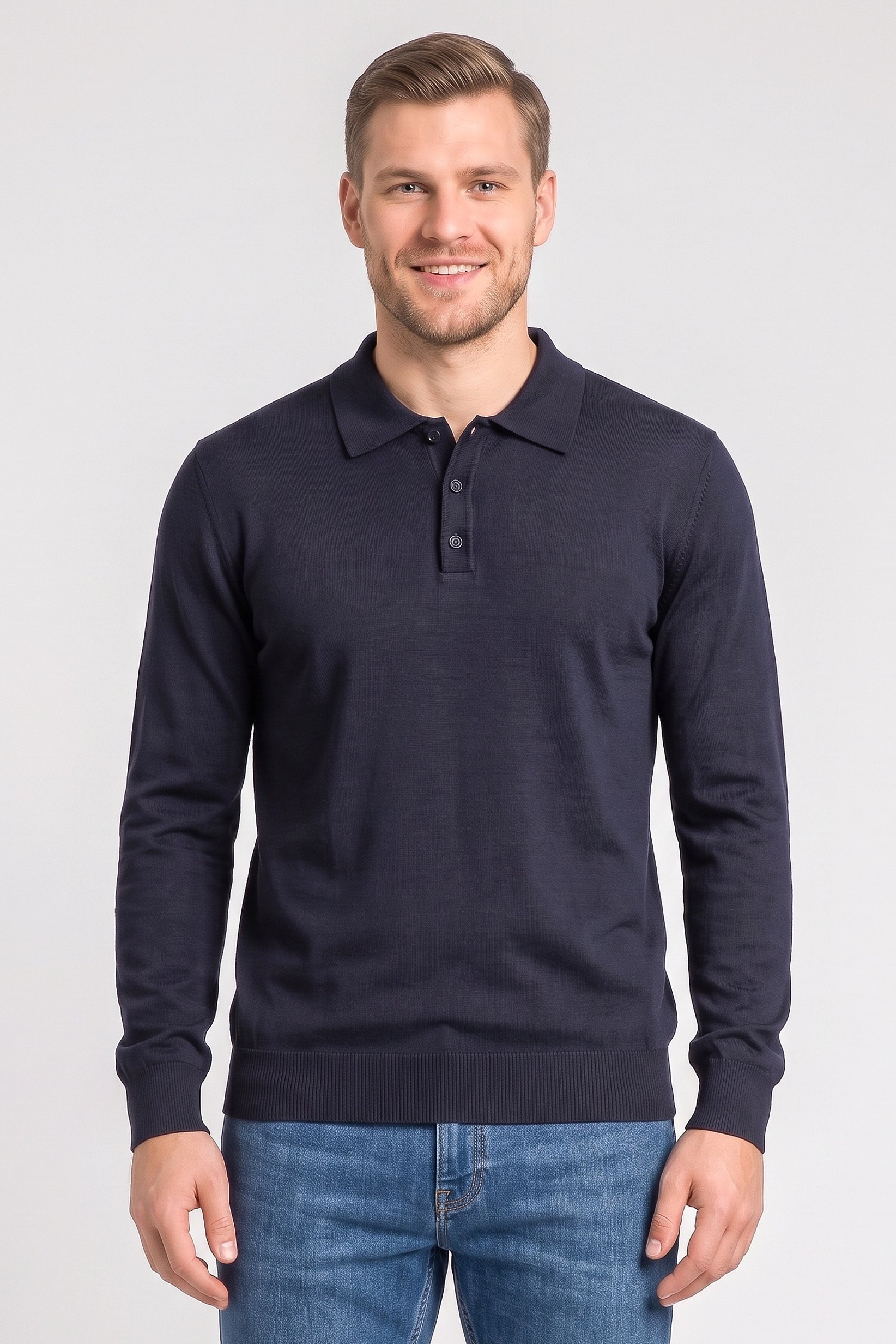 Men Spread Collar Long Sleeve Knitted Polo Shirt, Navy