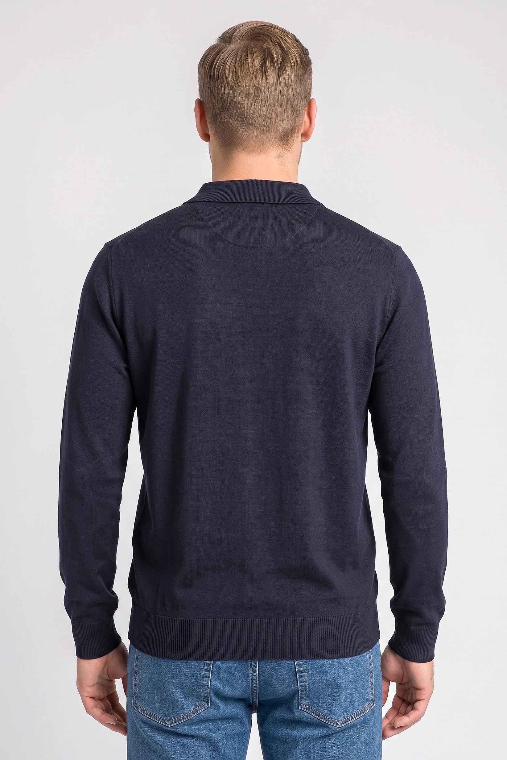 Men Spread Collar Long Sleeve Knitted Polo Shirt, Navy