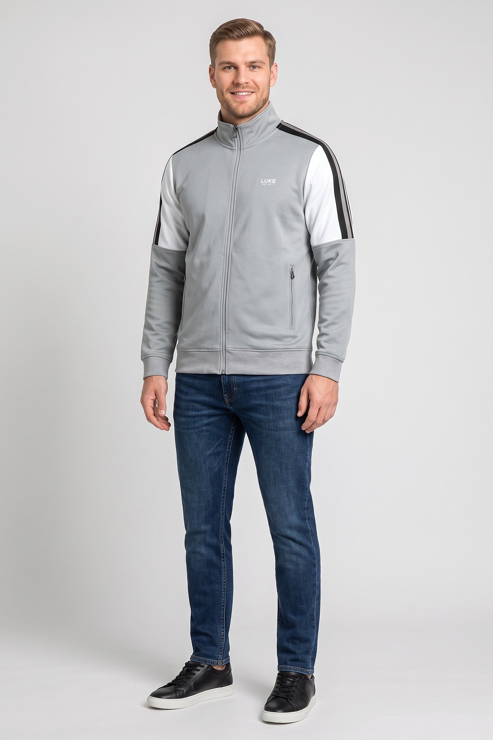 Men Long Sleeve Brand Logo Full Zip Sweatshirt, Grey