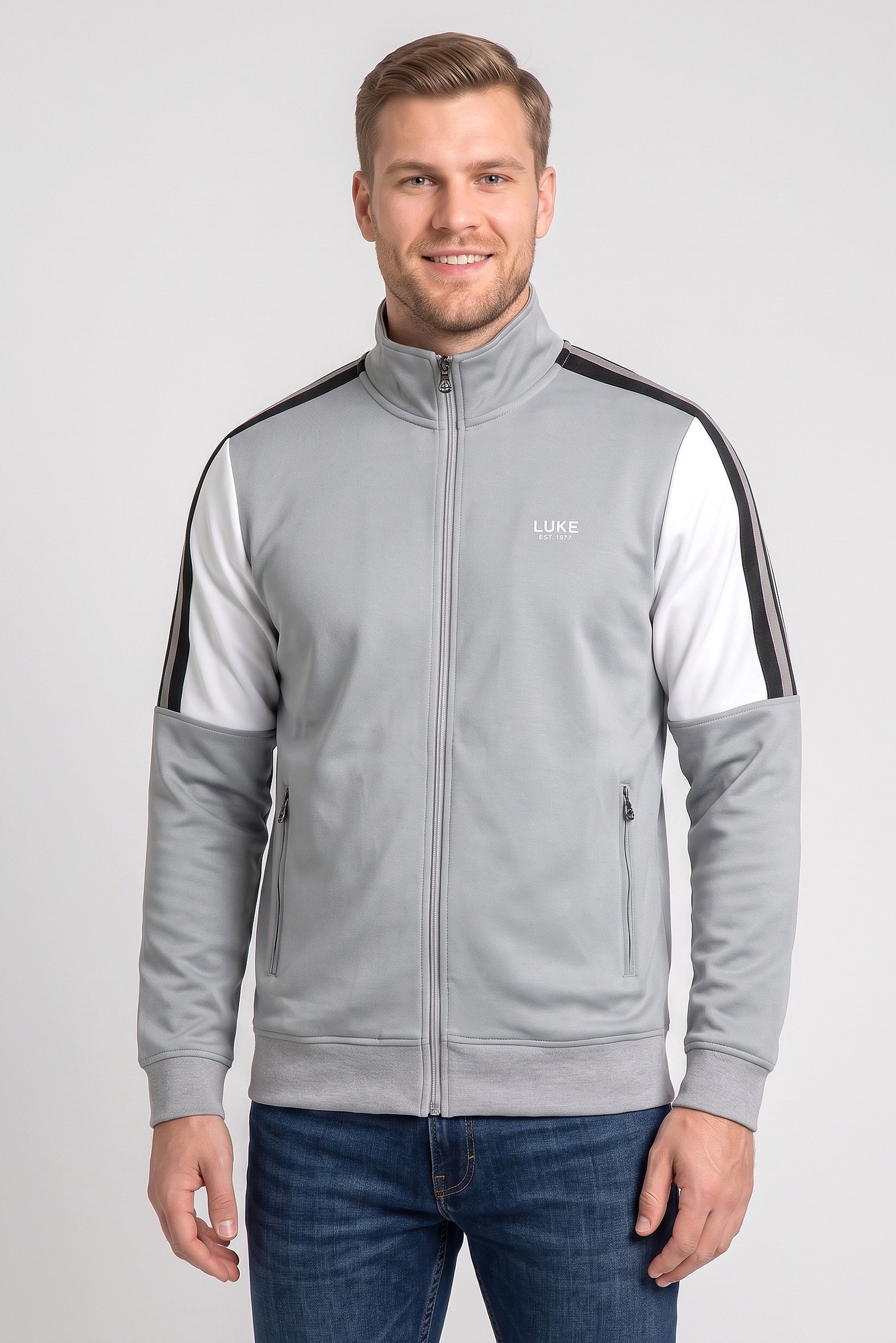 Men Long Sleeve Brand Logo Full Zip Sweatshirt, Grey