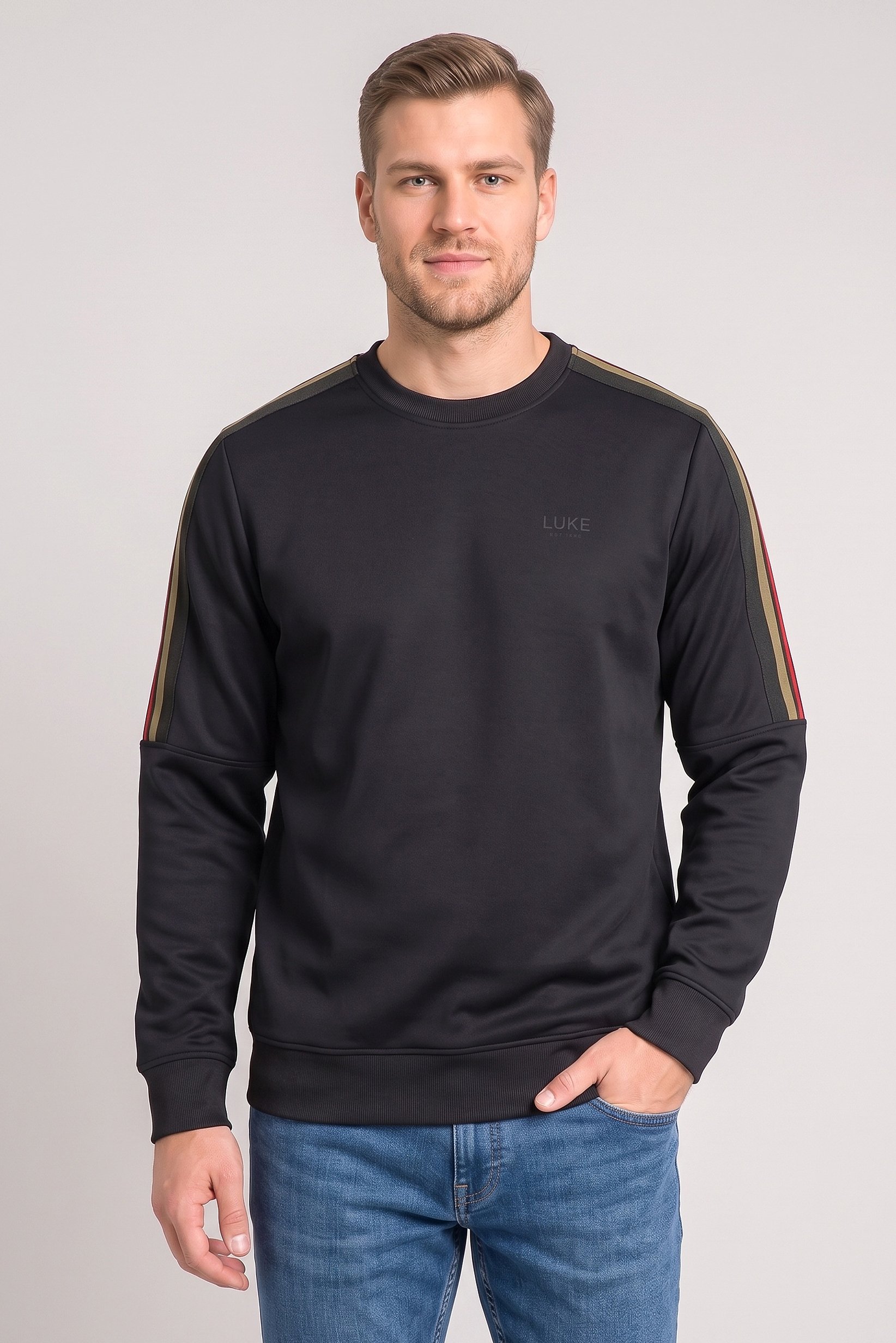 Men Crew Neck Long Sleeve Brand Logo Sweatshirt, Black