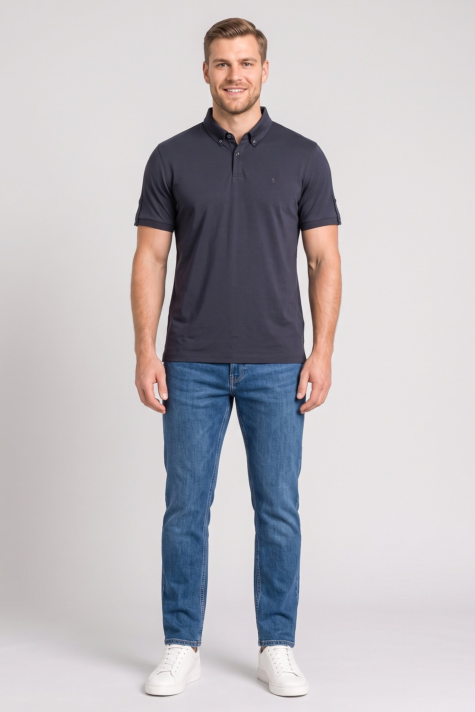Men Regular Fit Brand Logo Short Sleeve Polo Shirt, Dark Grey