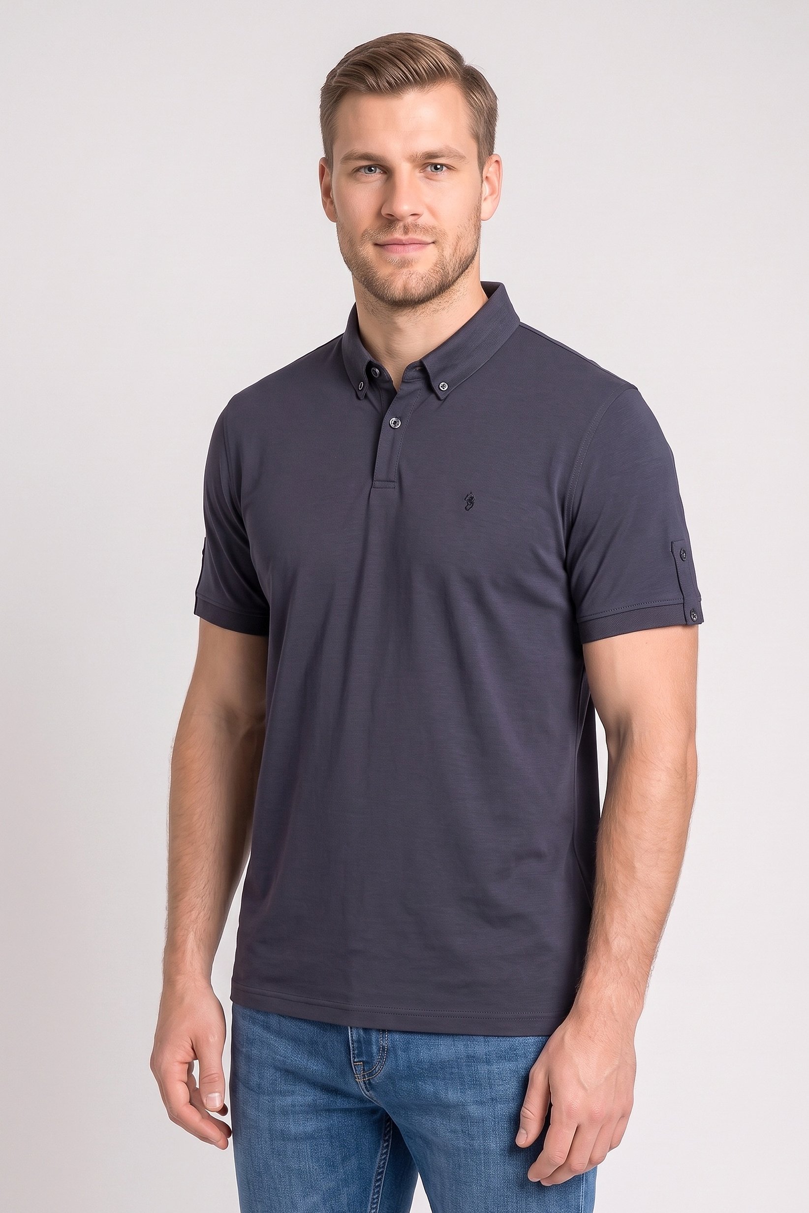 Men Regular Fit Brand Logo Short Sleeve Polo Shirt, Dark Grey
