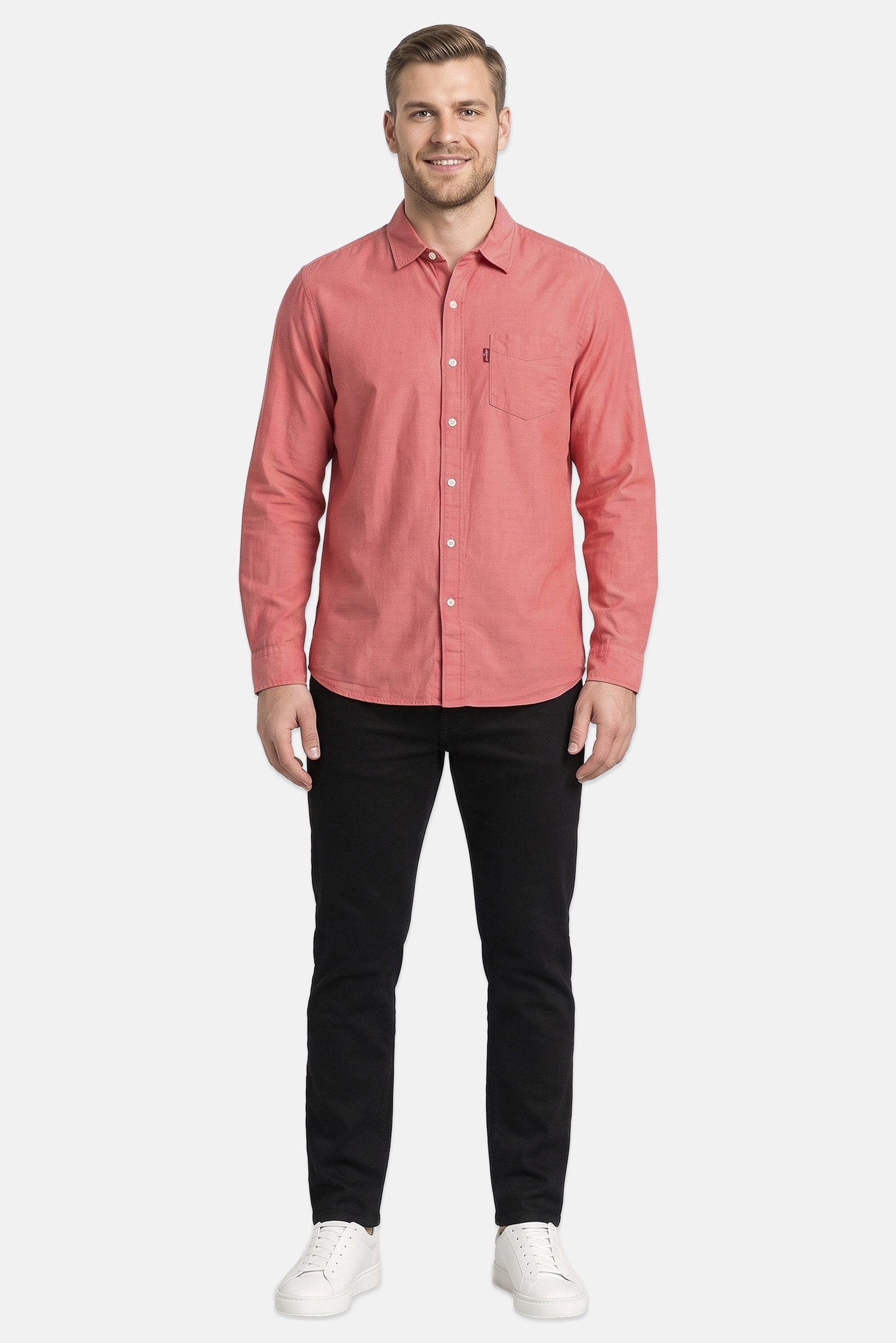 Men Slim Fit Long Sleeve Solid Casual Shirt, Old Rose