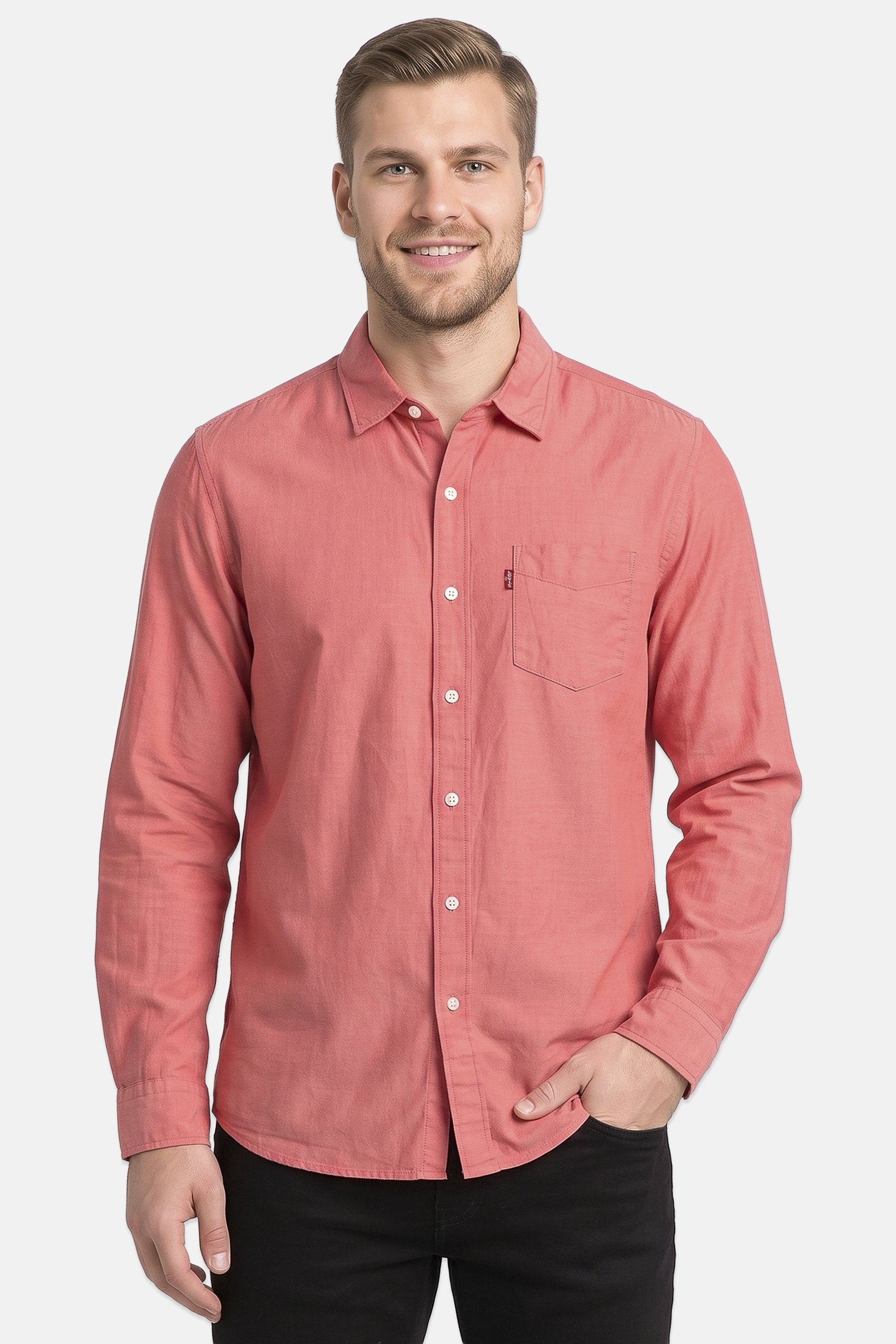 Men Slim Fit Long Sleeve Solid Casual Shirt, Old Rose