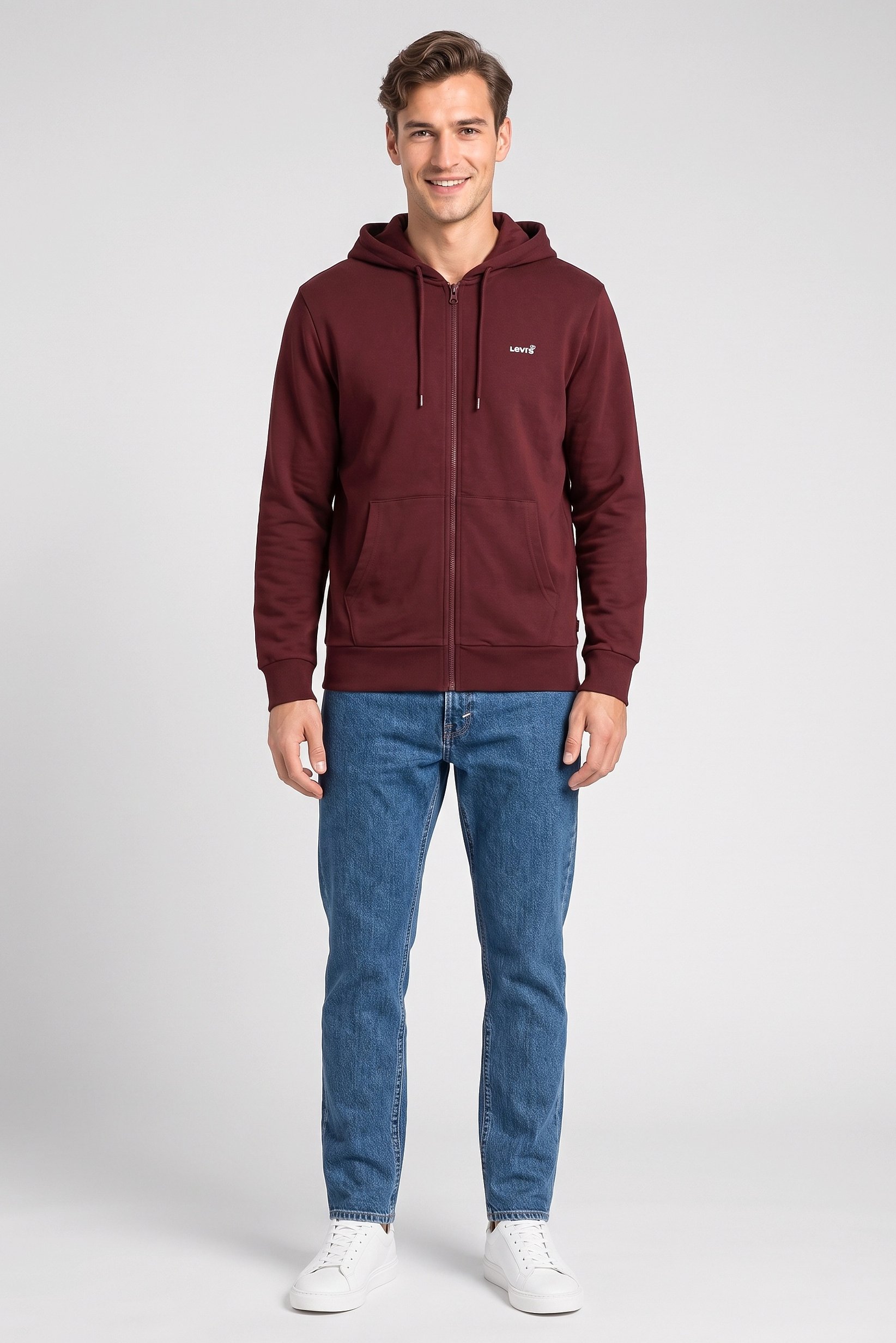Men Full Zip Long Sleeve Brand Logo Hoodie, Dark Burgundy