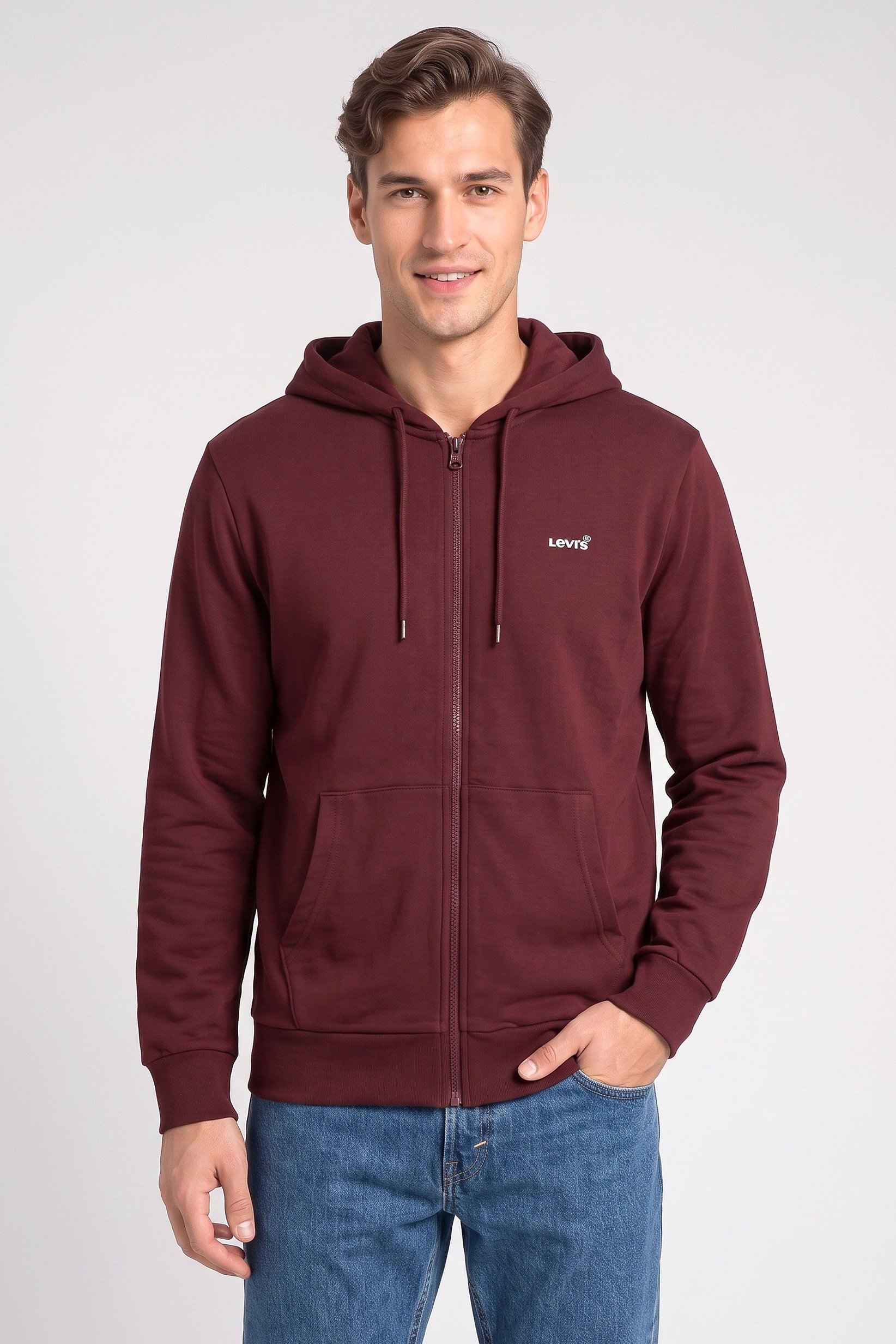 Men Full Zip Long Sleeve Brand Logo Hoodie, Dark Burgundy