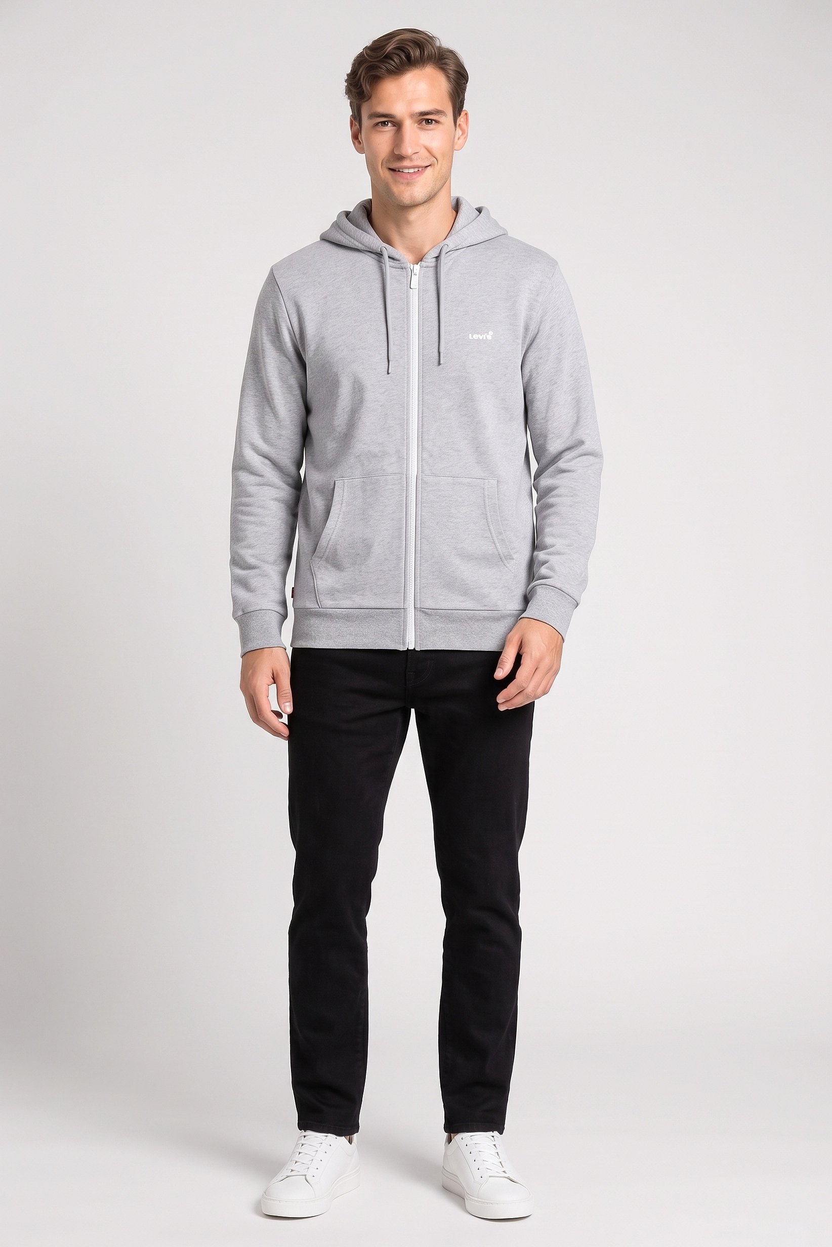 Men Full Zip  Long Sleeve Brand Logo Hoodie, Grey