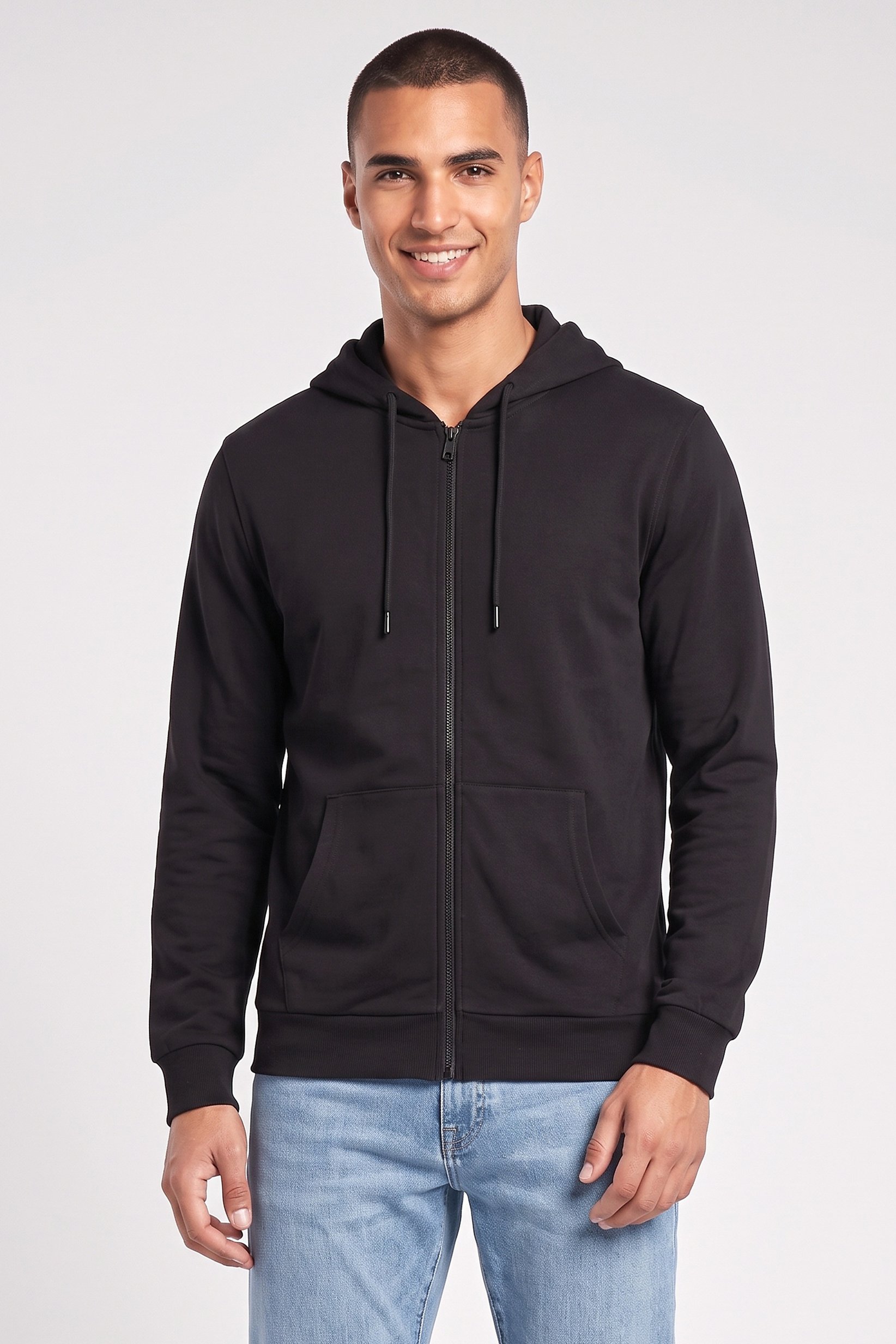Men Long Sleeve Plain Full Zip Hoodie, Black