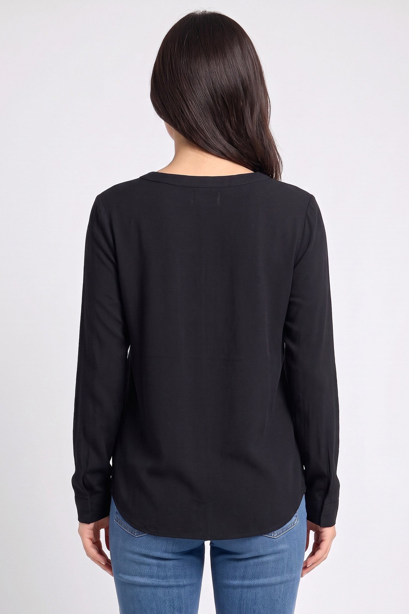 Women V-Neck Solid Long Sleeve Blouse, Black
