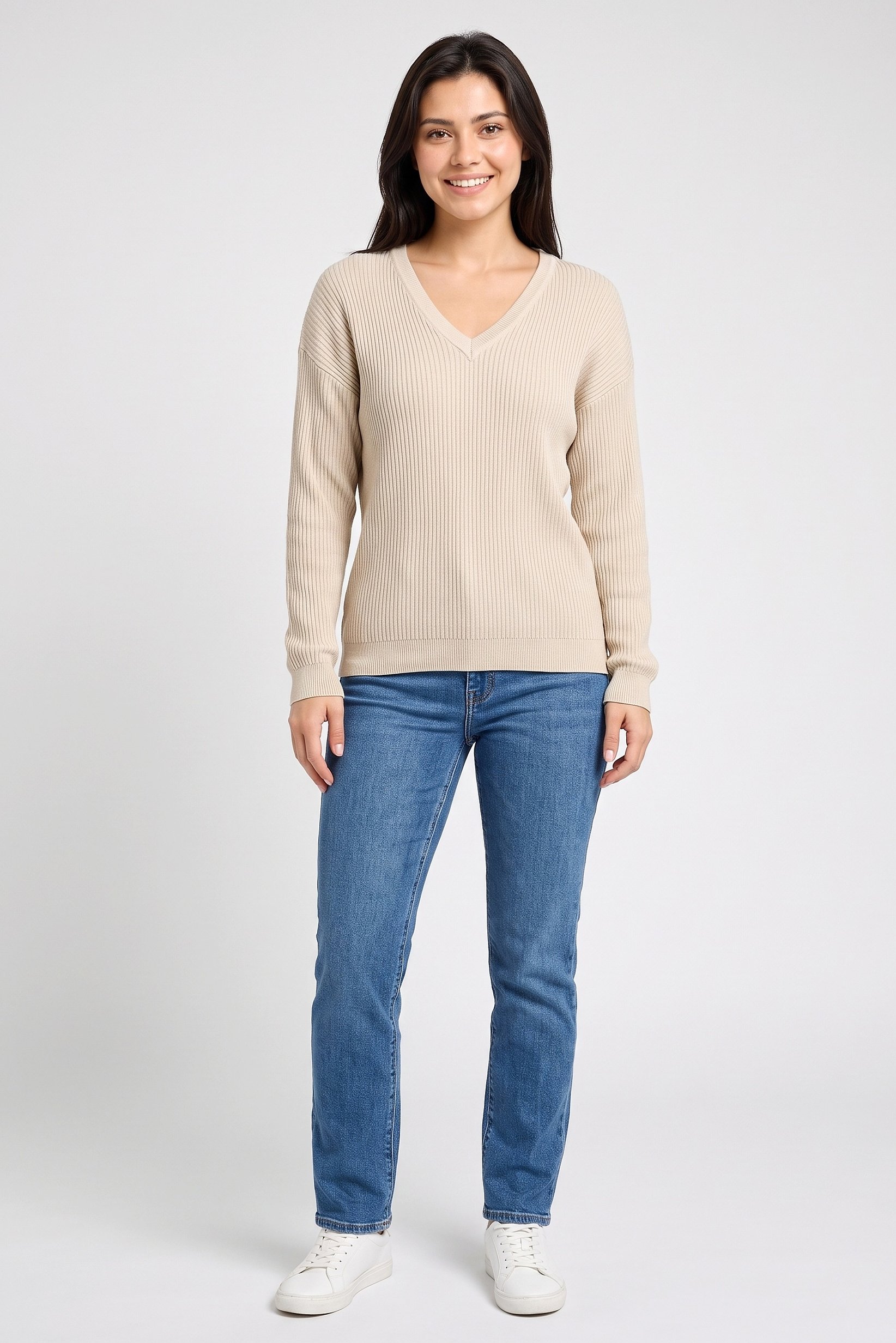 Women V-Neck Knitted Sweater, Beige