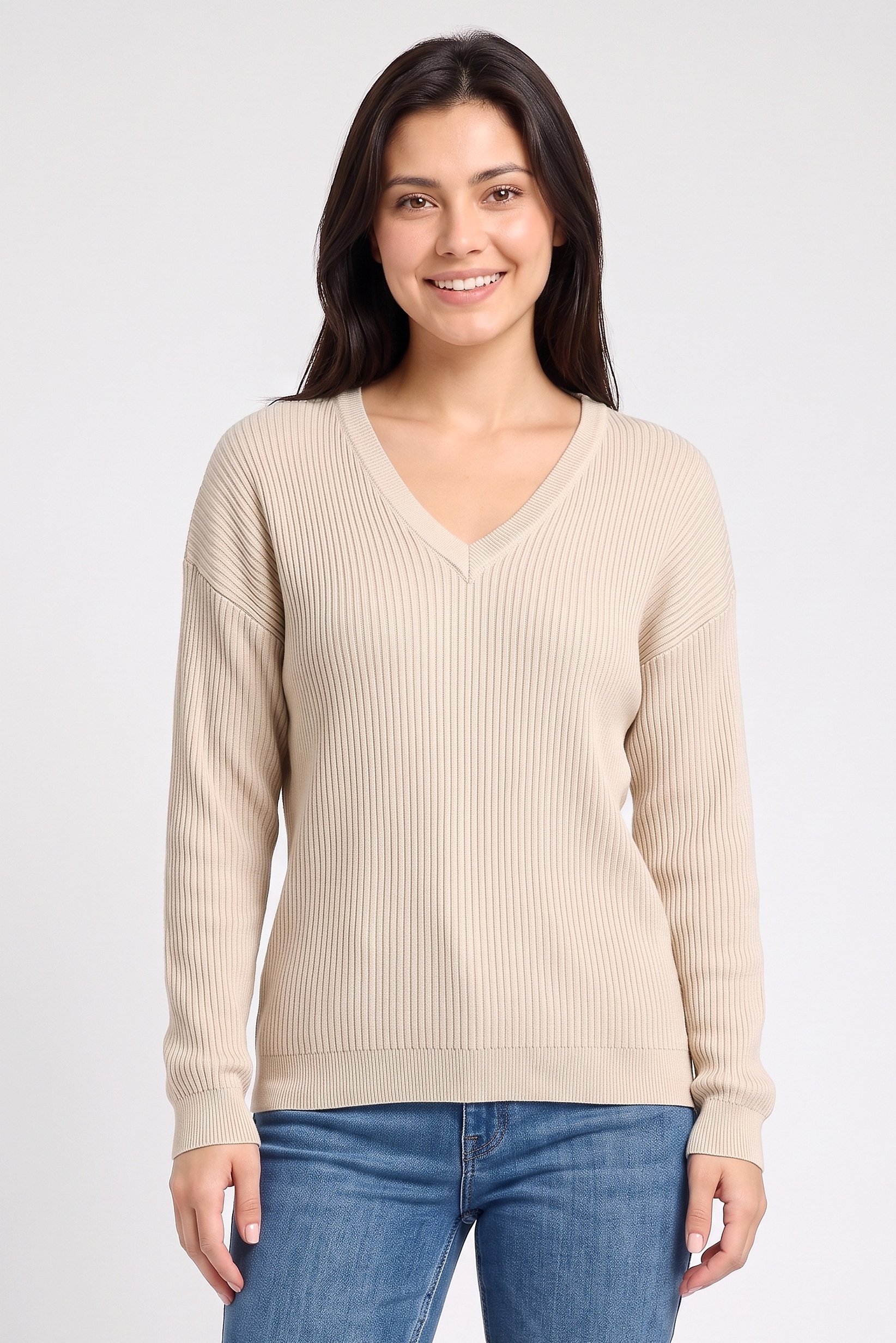 Women V-Neck Knitted Sweater, Beige
